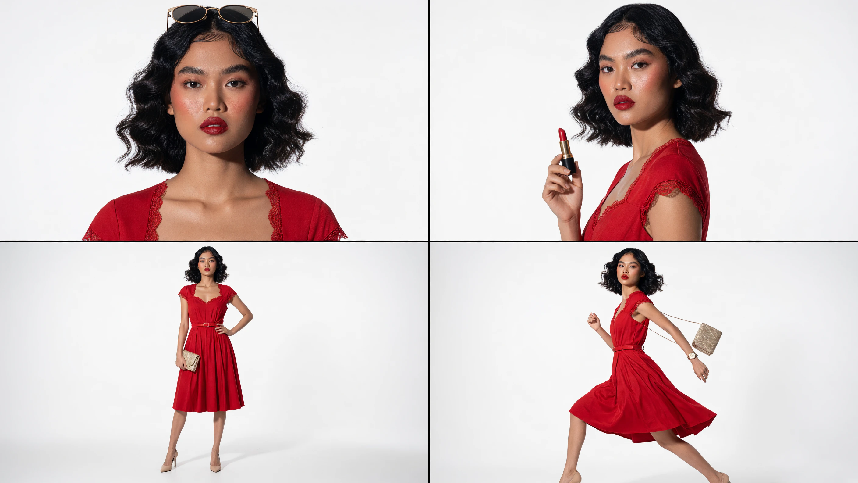 A contact sheet of the same woman in a red dress in four shots: a close-up, holding a lipstick, a full-length pose and a run