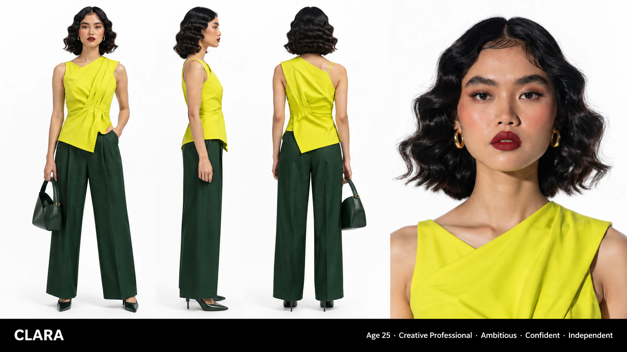 A production sheet for a character named Clara in the chartreuse top and green trousers: front, side and back views and a close-up of her face
