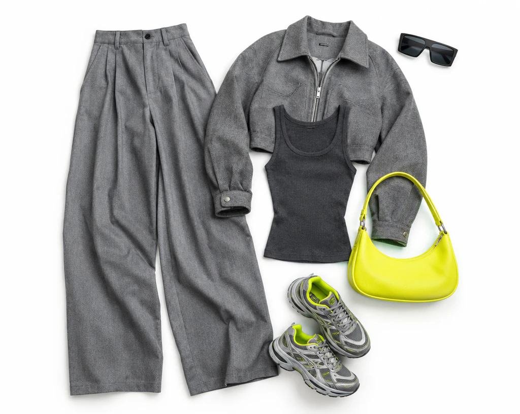 A flat lay of a grey cropped jacket, wide grey trousers, a dark tank top, a neon yellow bag, sunglasses and grey sneakers