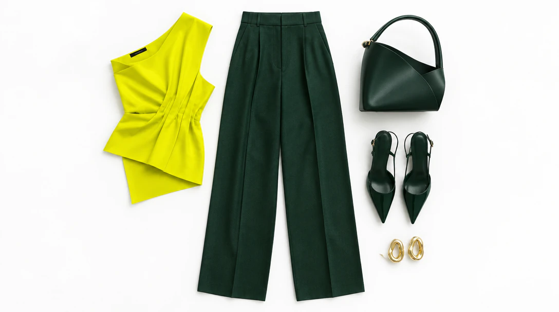 A flat lay of a chartreuse one-shoulder top, wide dark green trousers, a dark green bag, green slingback heels and gold earrings