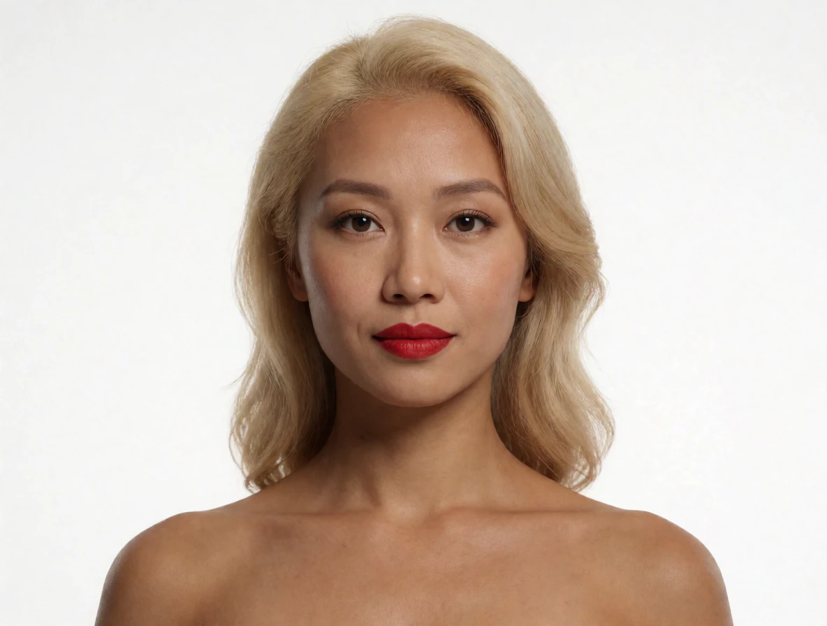 A portrait of a young woman with blonde soft waves and a classic red lip, against a plain light background