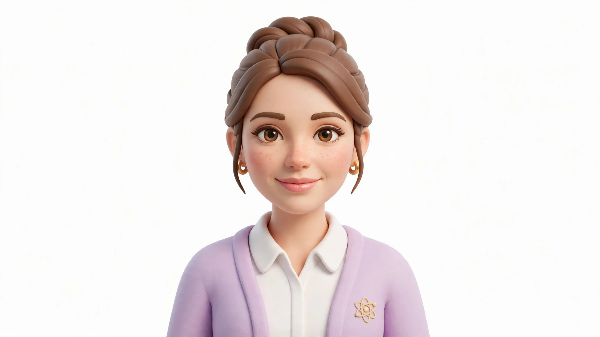 A 3D animated portrait of a smiling woman with freckles and brown hair in a braided bun, in a lilac cardigan with an atom pin, against a white background