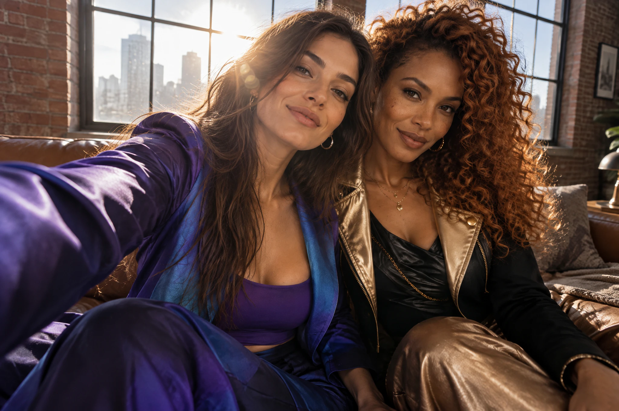 Two women smiling in a close-up selfie on a leather couch in a brick loft, backlit by a large window with a city skyline