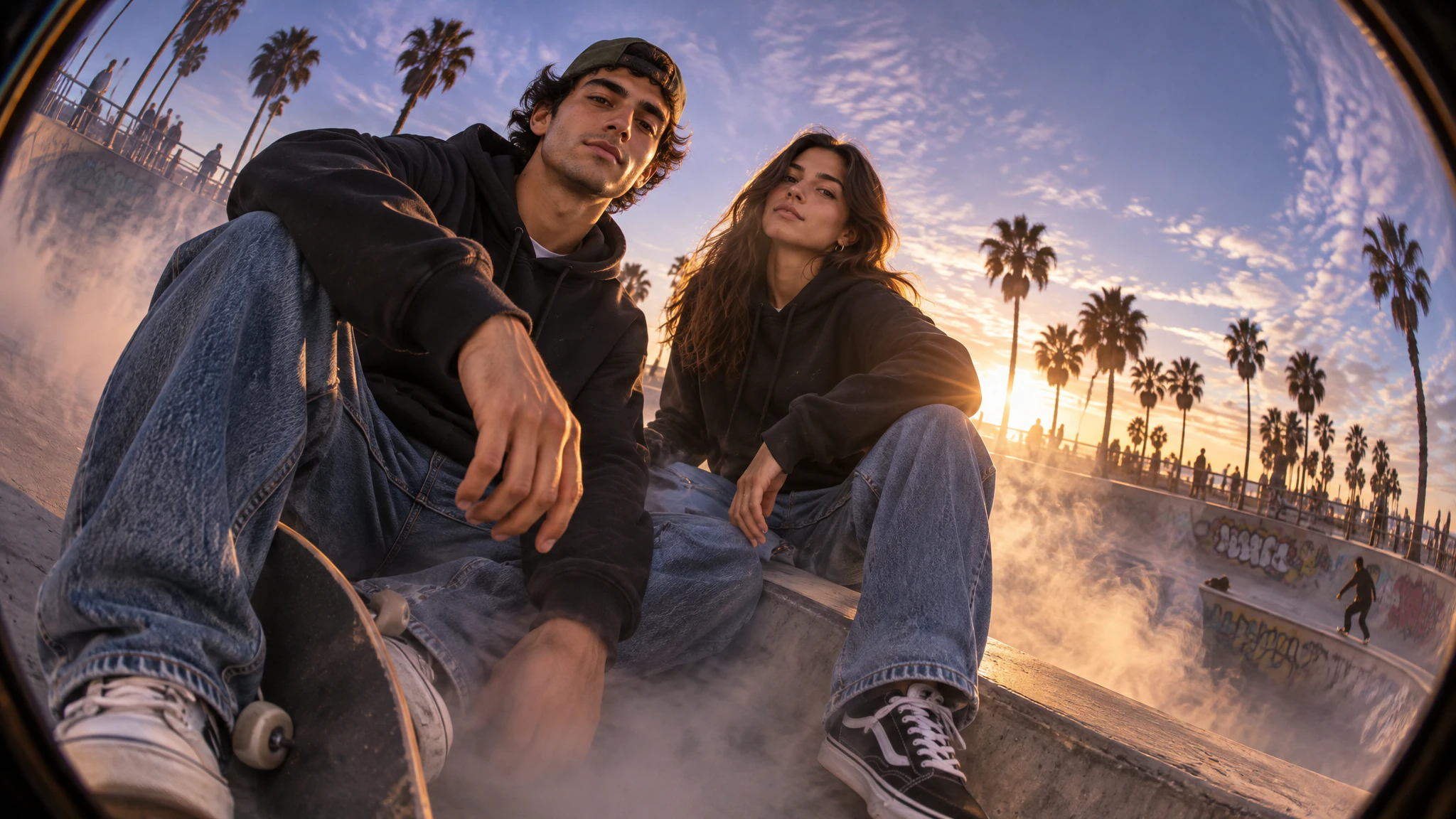 A young man and woman in black hoodies and baggy jeans sitting on the edge of a skatepark bowl at Venice Beach at sunset, shot through a fisheye lens with smoke drifting across the concrete