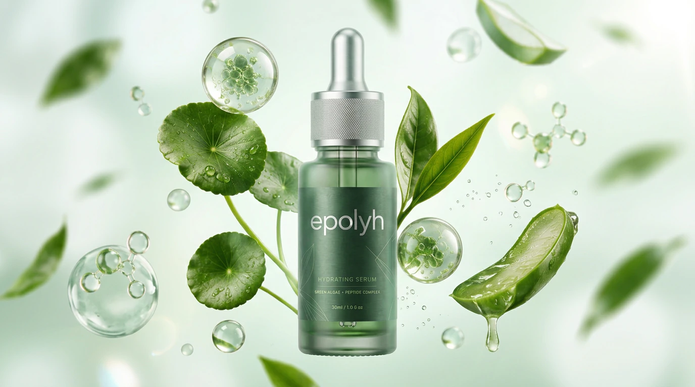 A green serum bottle among pennywort leaves, an aloe slice, droplets and molecules on a soft green background