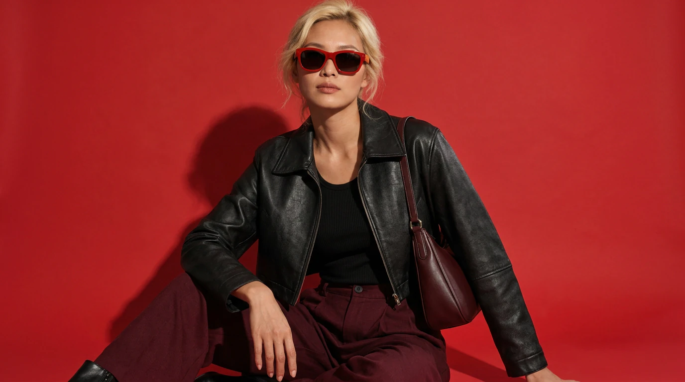 A blonde woman in red sunglasses, a black leather jacket and burgundy trousers, sitting against a red studio backdrop with a burgundy shoulder bag