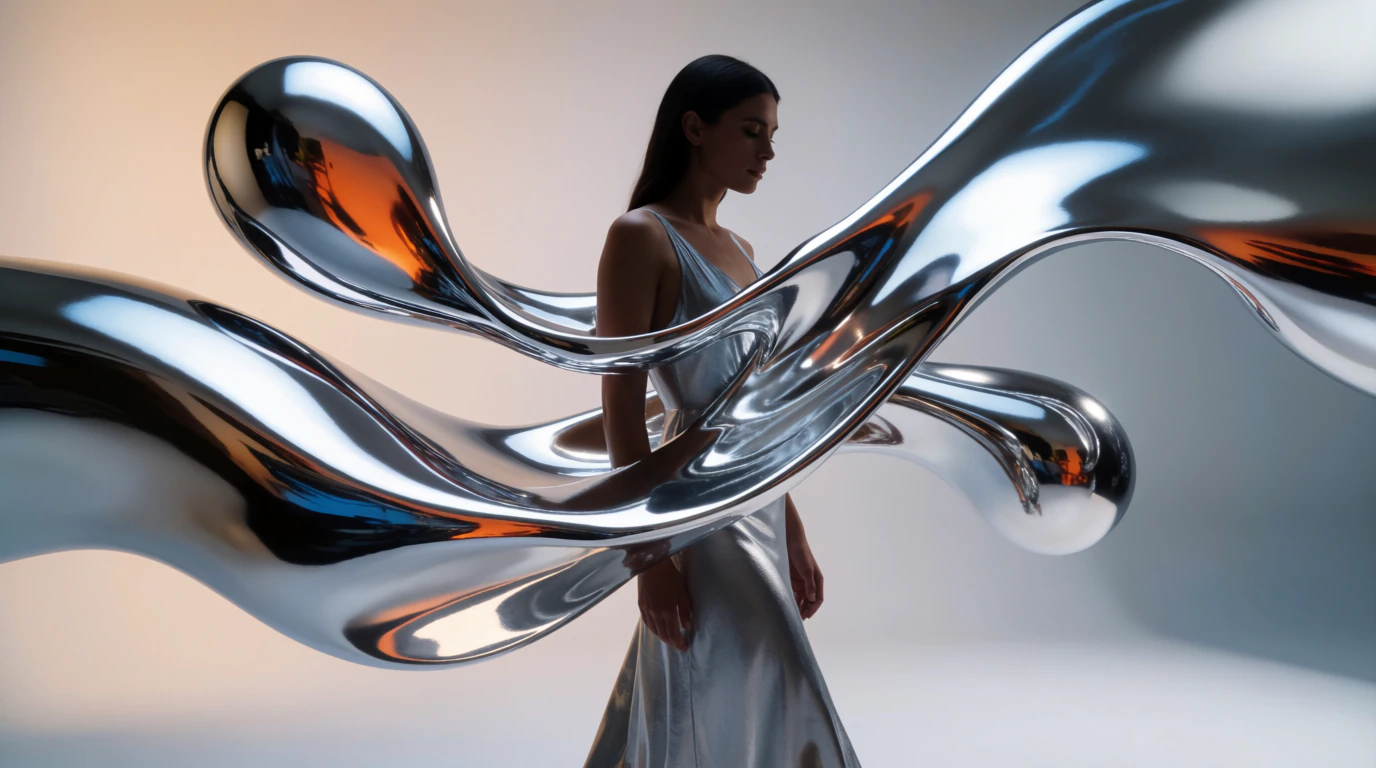 A woman in a silver slip dress in a pale studio, with a few broad ribbons of liquid chrome sweeping around her in warm light
