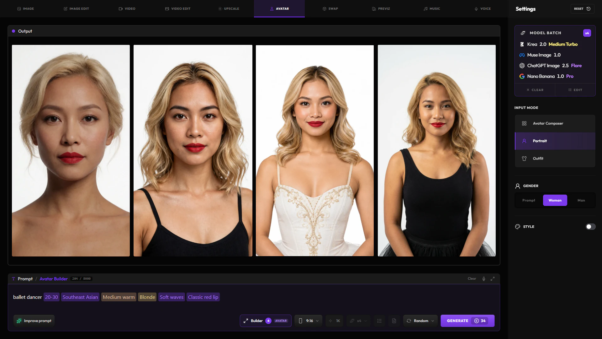 The avatar builder in Portrait, with one prompt generated by four image models side by side