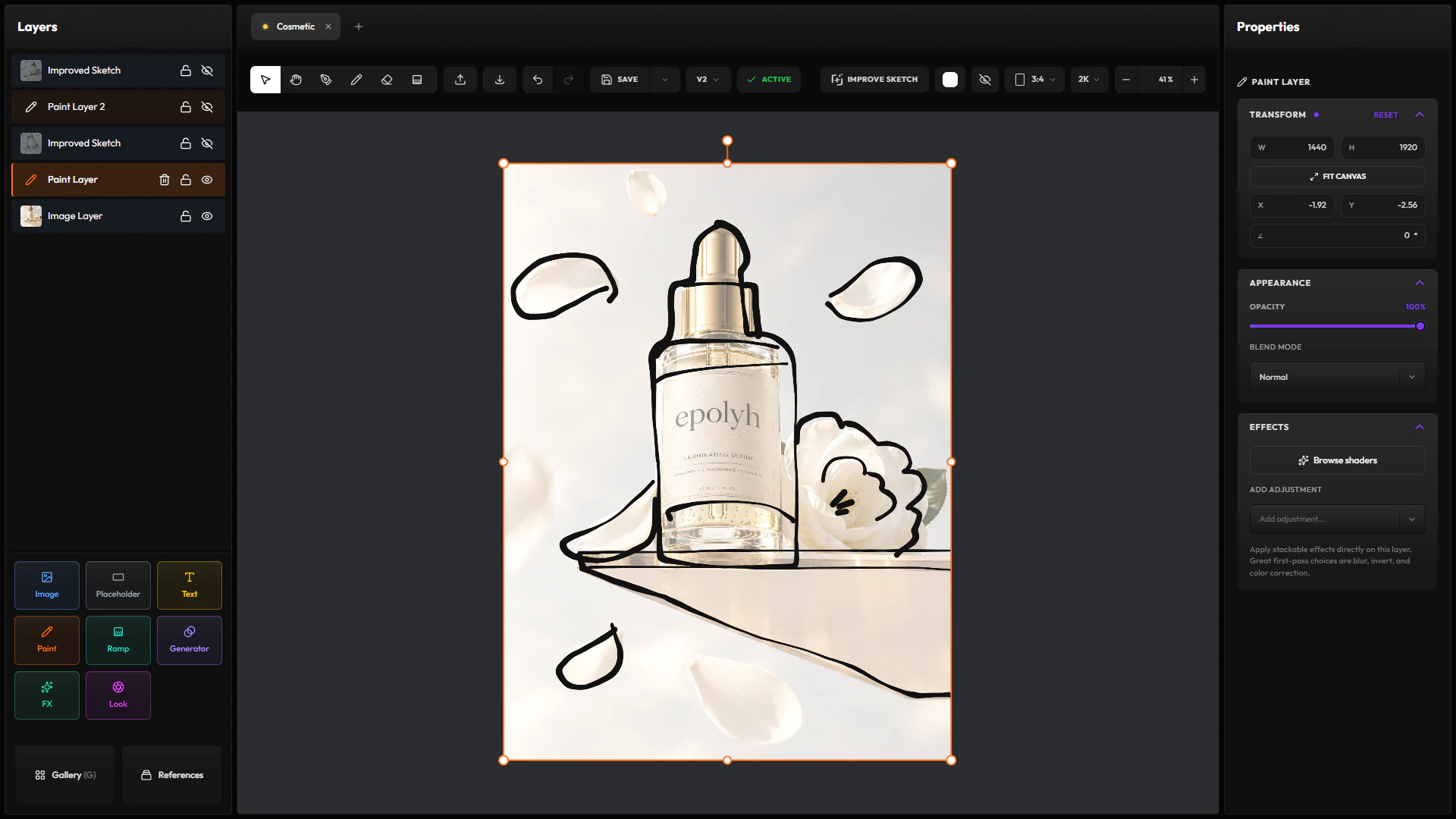 Compose avec la photo d’un flacon de sérum sur un calque image, sous un calque de peinture aux contours noirs, des calques de croquis améliorés dans la liste des calques, et Améliorer le croquis et la version 2 dans la barre d’outils