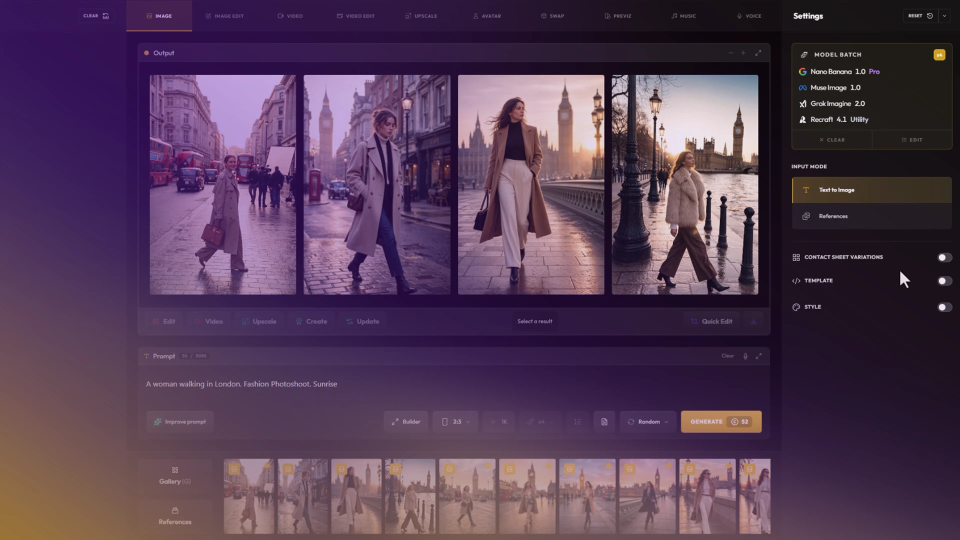 The Create app in Image mode, with one prompt of a woman walking in London at sunrise run on four models, and the model batch in the settings panel on the right