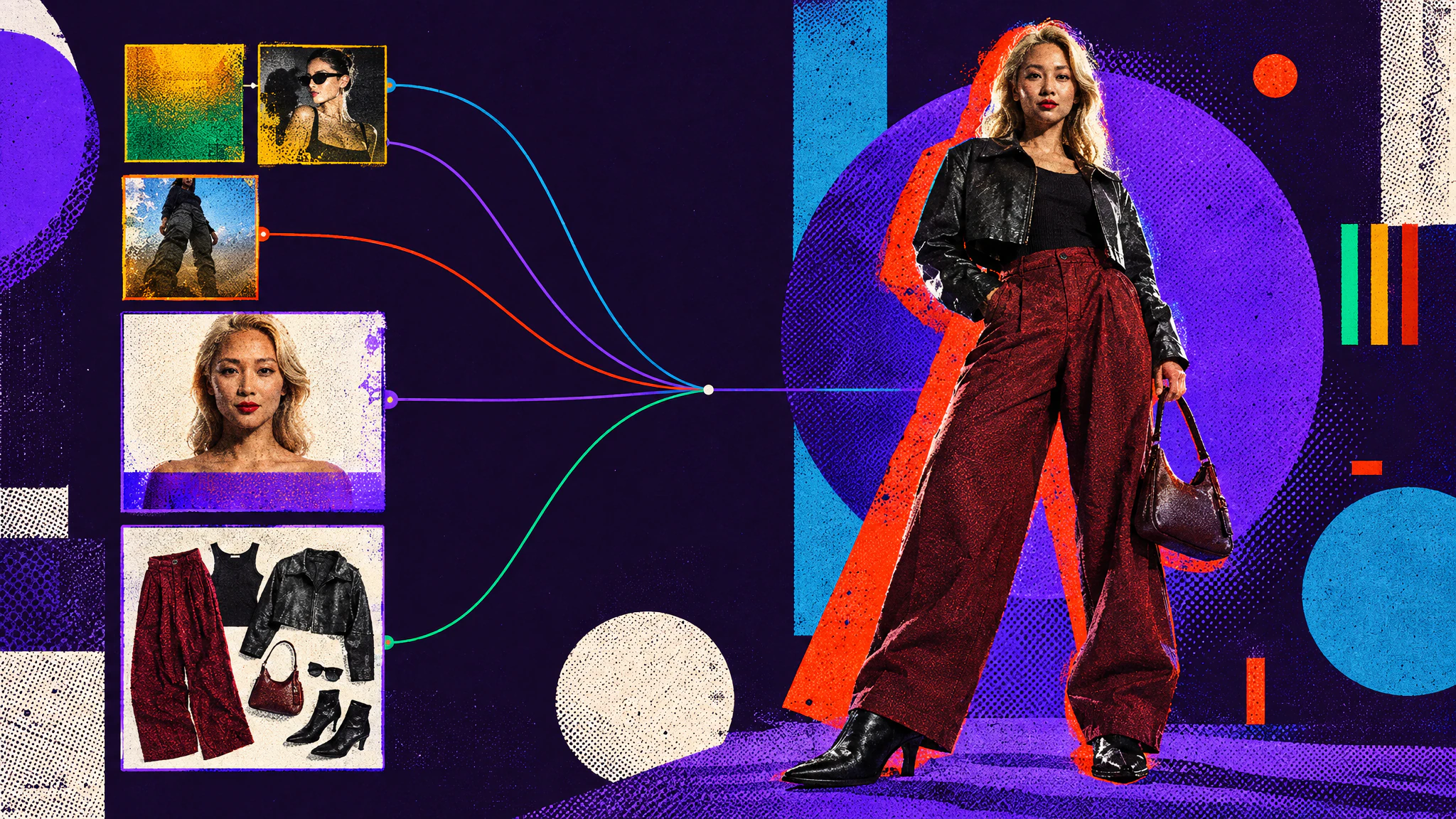 The avatar builder with an identity portrait, an outfit flat lay and a desert-tone colour snippet wired into one full-length result