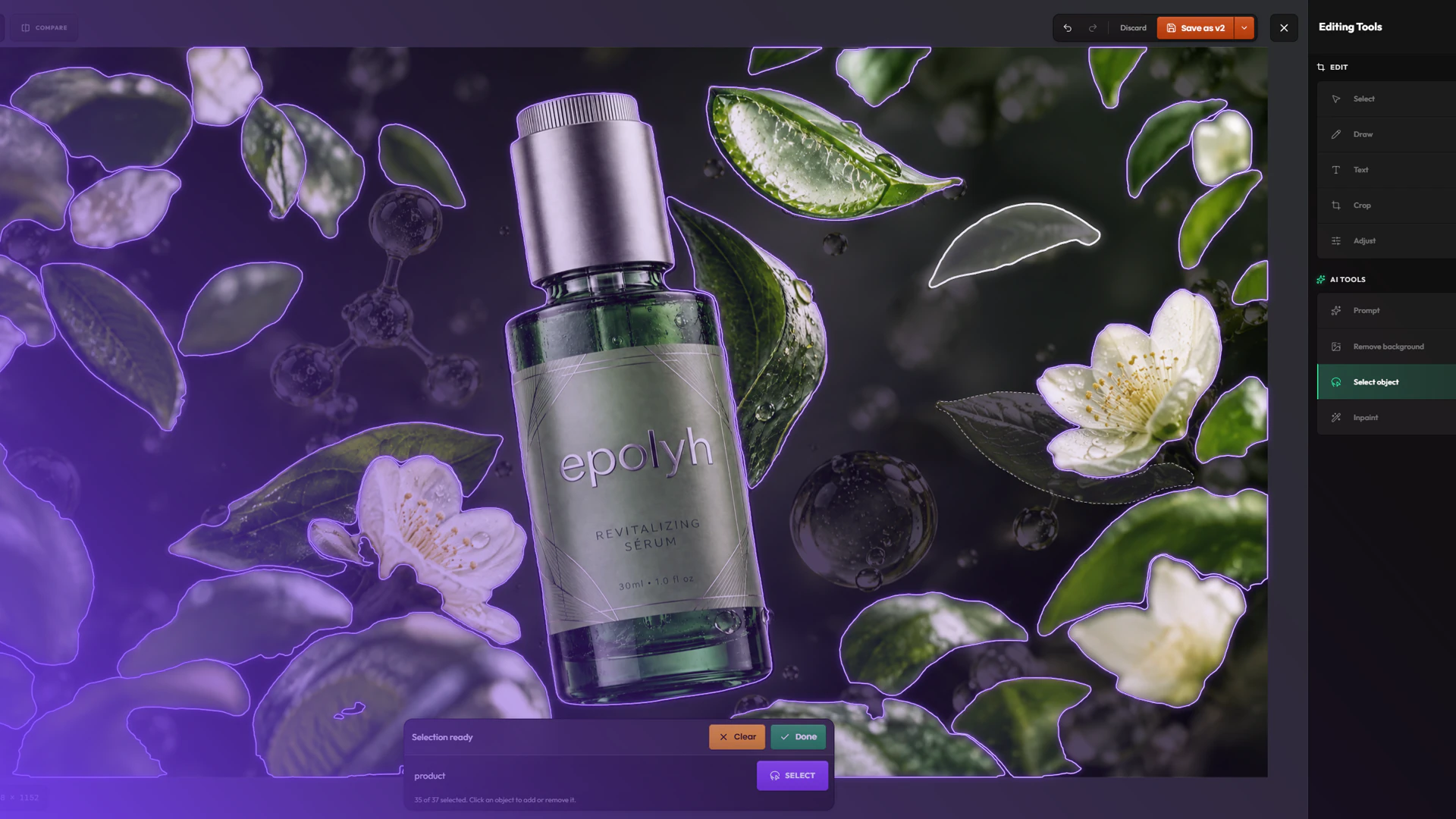 Quick Edit open on a serum bottle among leaves and white flowers, with Select object outlining the matches and the editing tools in a sidebar on the right