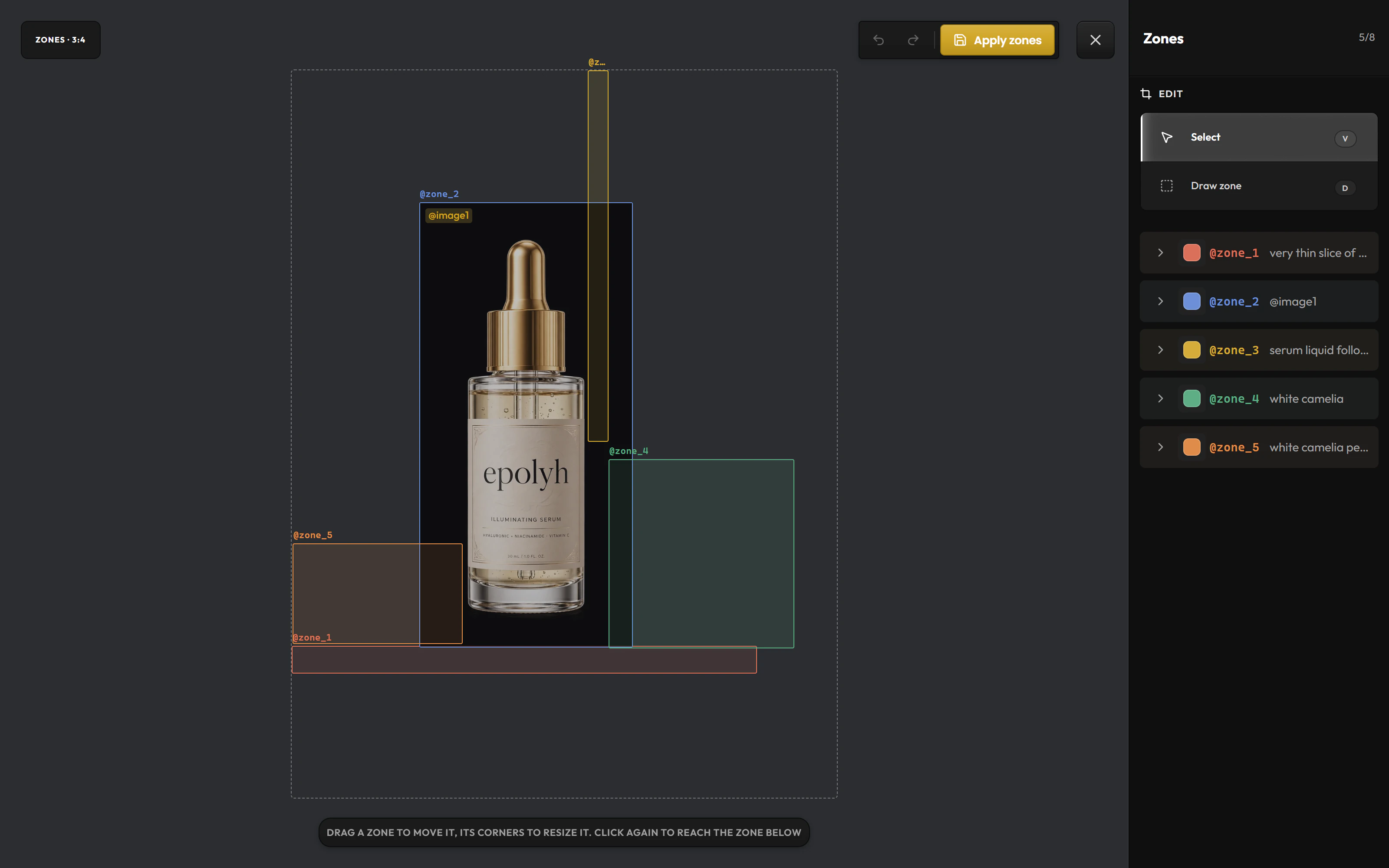 La fenêtre Modifier les zones avec une mise en page produit en grand : la photo d’un flacon de sérum dans une zone, une zone fine pour un filet de sérum, et des zones pour un camélia, des pétales et une étagère, listées à droite avec leur description