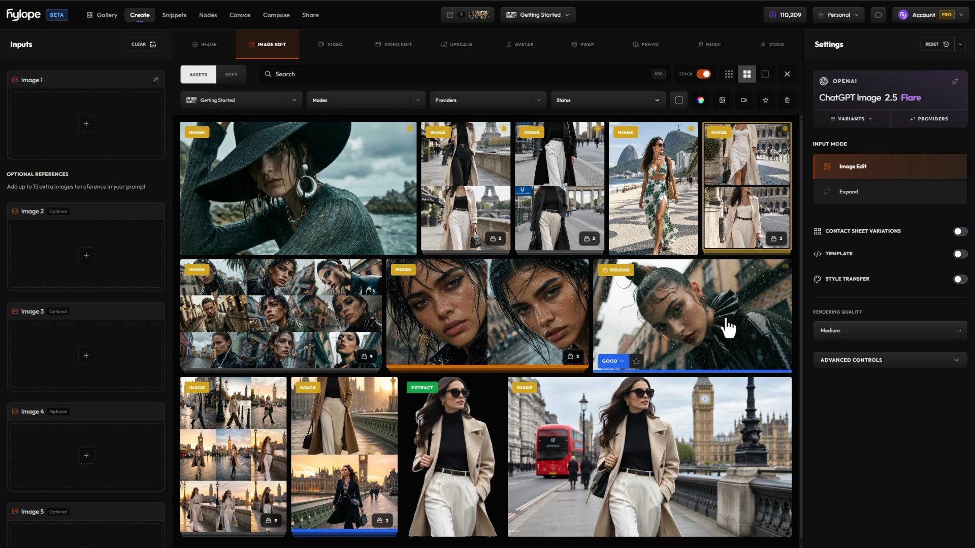 Image Edit in Create with the gallery open in the middle of the workspace, the input cards on the left and the settings on the right