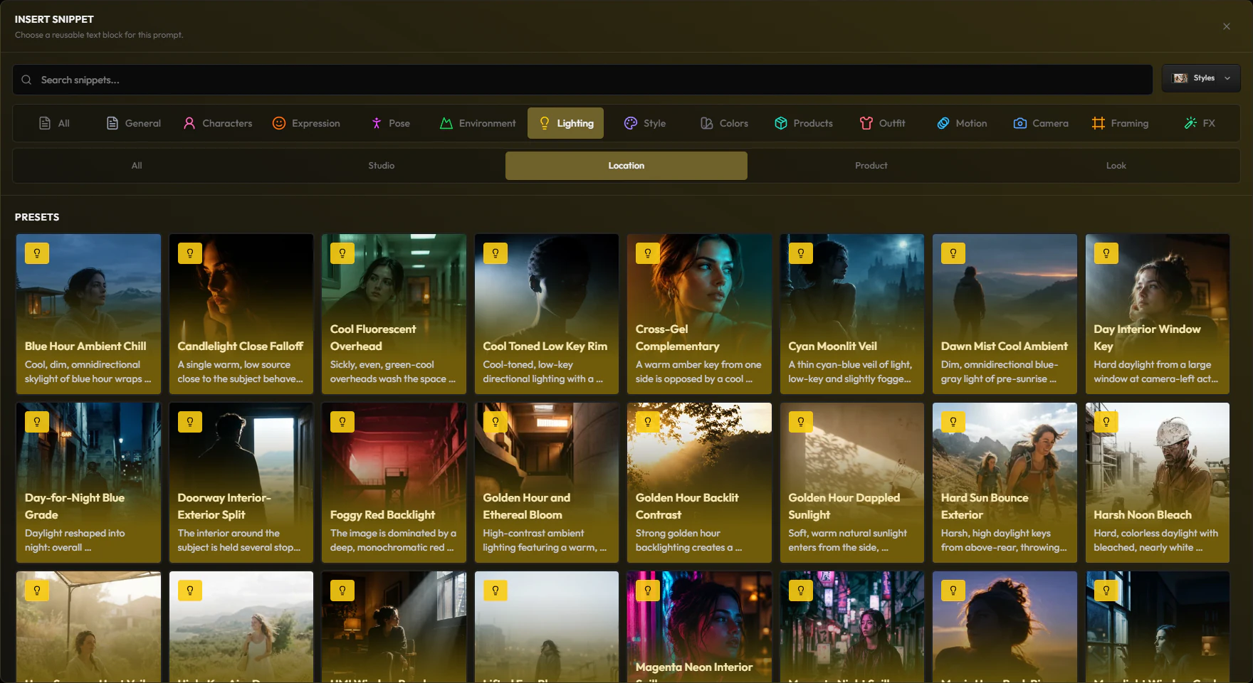 The Lighting category of the snippet picker, filtered to interior lighting presets