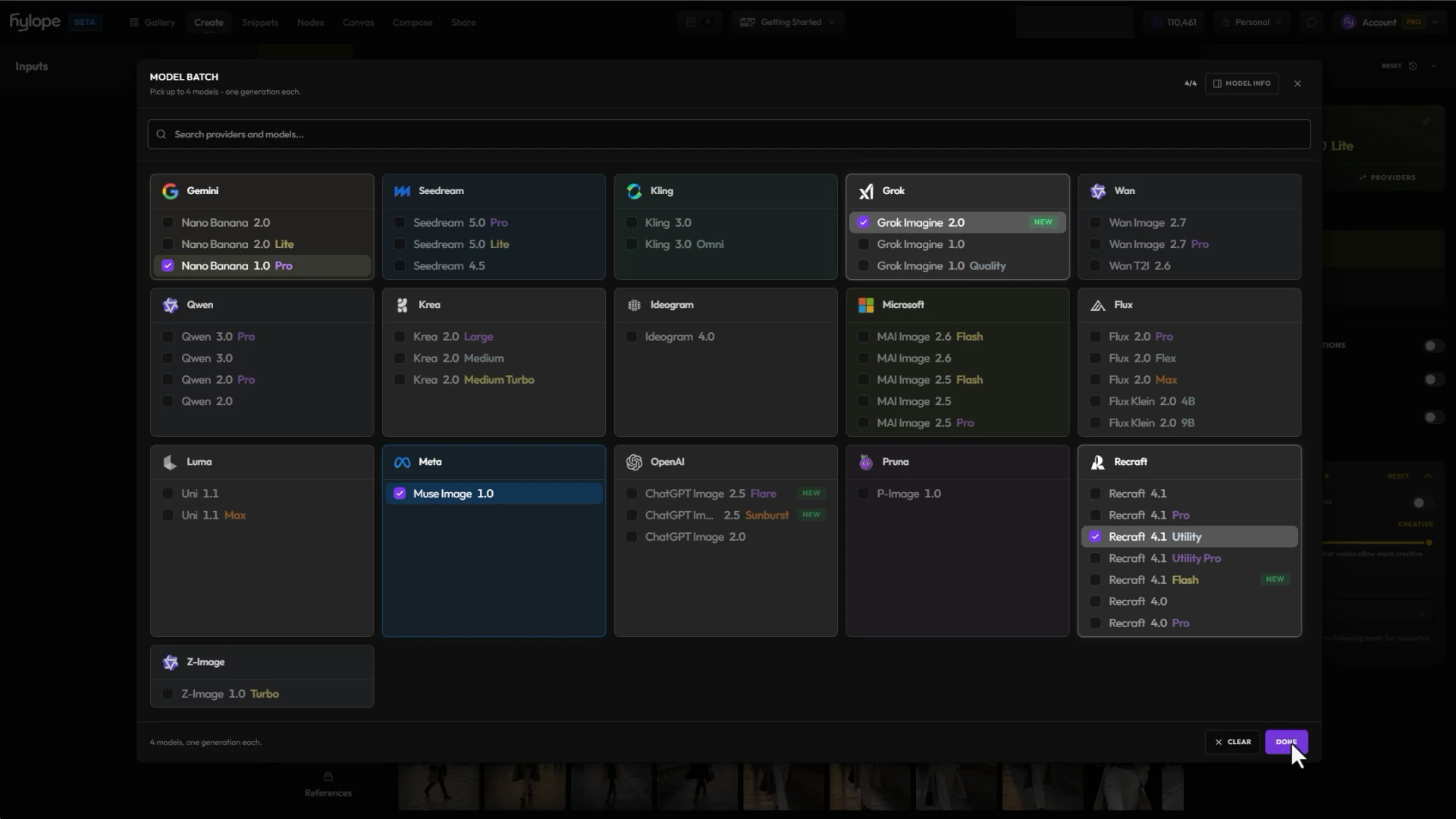 The Model Batch picker listing the image models by provider, with Nano Banana 1.0 Pro, Muse Image 1.0, Grok Imagine 2.0 and Recraft 4.1 Utility selected