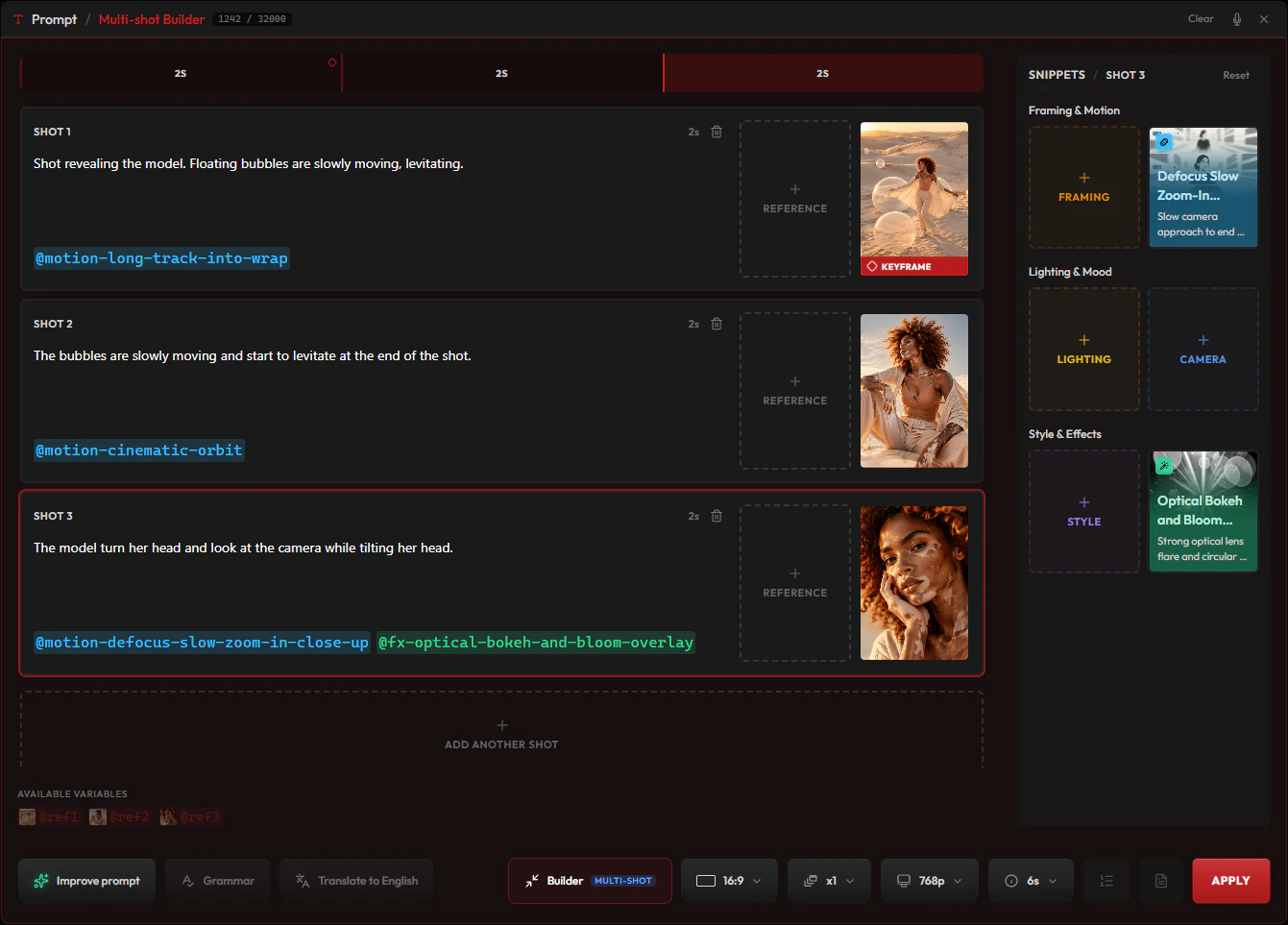 The Multi-Shot Builder with three 2-second shots, each with its own prompt, camera motion snippet and reference image, and the snippet panel for the selected shot on the right
