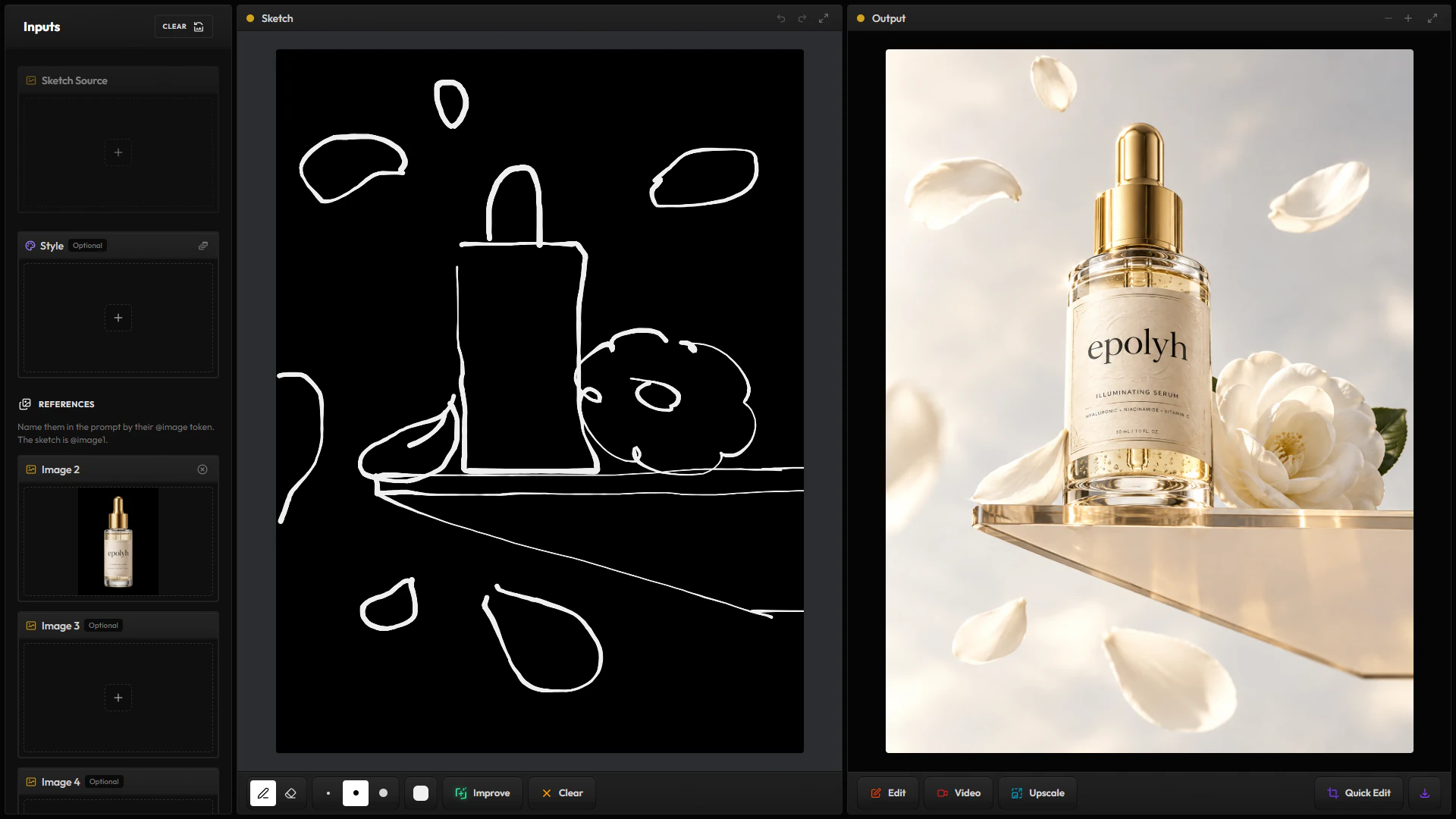 Croquis dans Créer : un dessin rapide en traits blancs d’un flacon sur une étagère parmi des pétales, la photo d’un flacon de sérum chargée en Image 2, et le rendu de ce flacon sur une étagère en plexiglas avec un camélia et des pétales qui volent