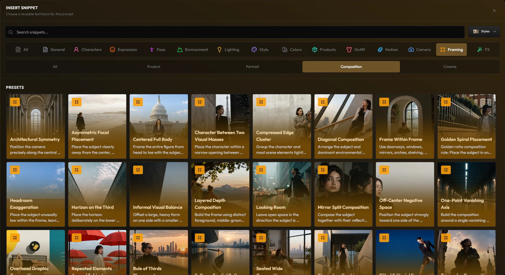 The Framing category of the snippet picker, showing composition presets