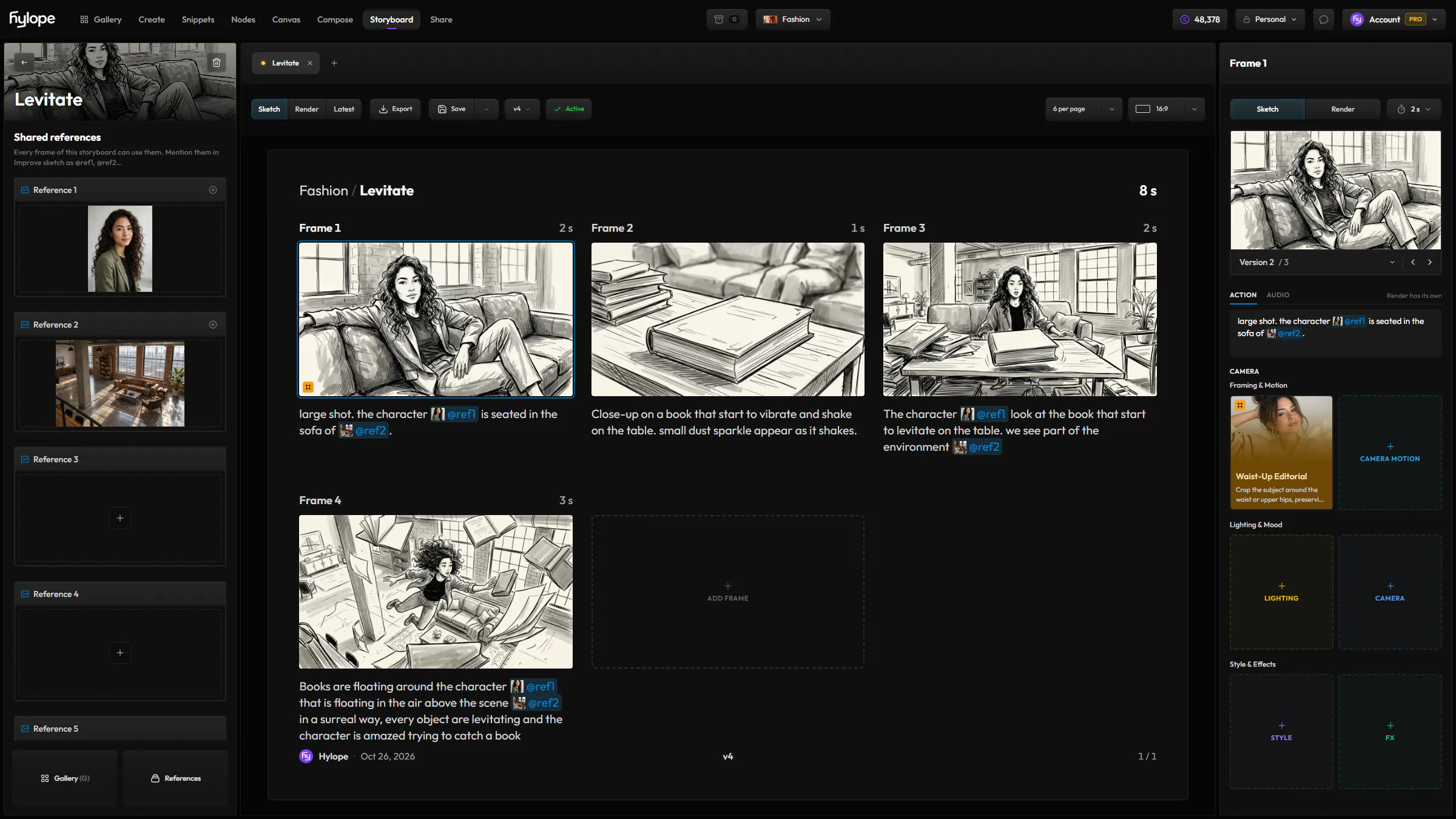 Storyboard in Hylope: the board Levitate on an A4 page, four pencil-sketched frames of a woman on a sofa and books starting to levitate, each with its duration and its action, the shared references on the left and the selected frame's notes and camera on the right