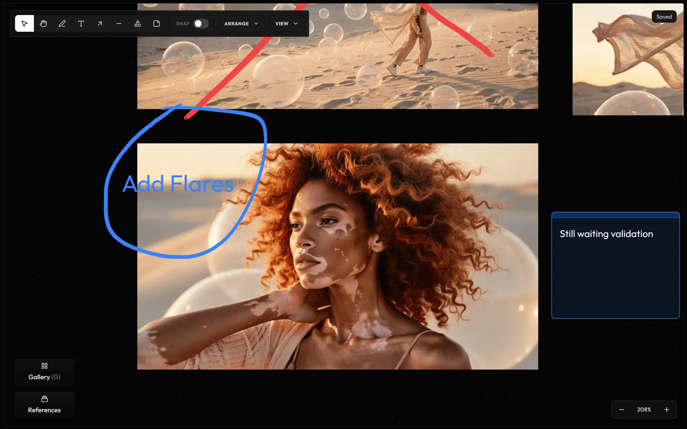 A portrait on the board, circled in blue with the words Add Flares, a red stroke across the image above it, and a note saying Still waiting validation