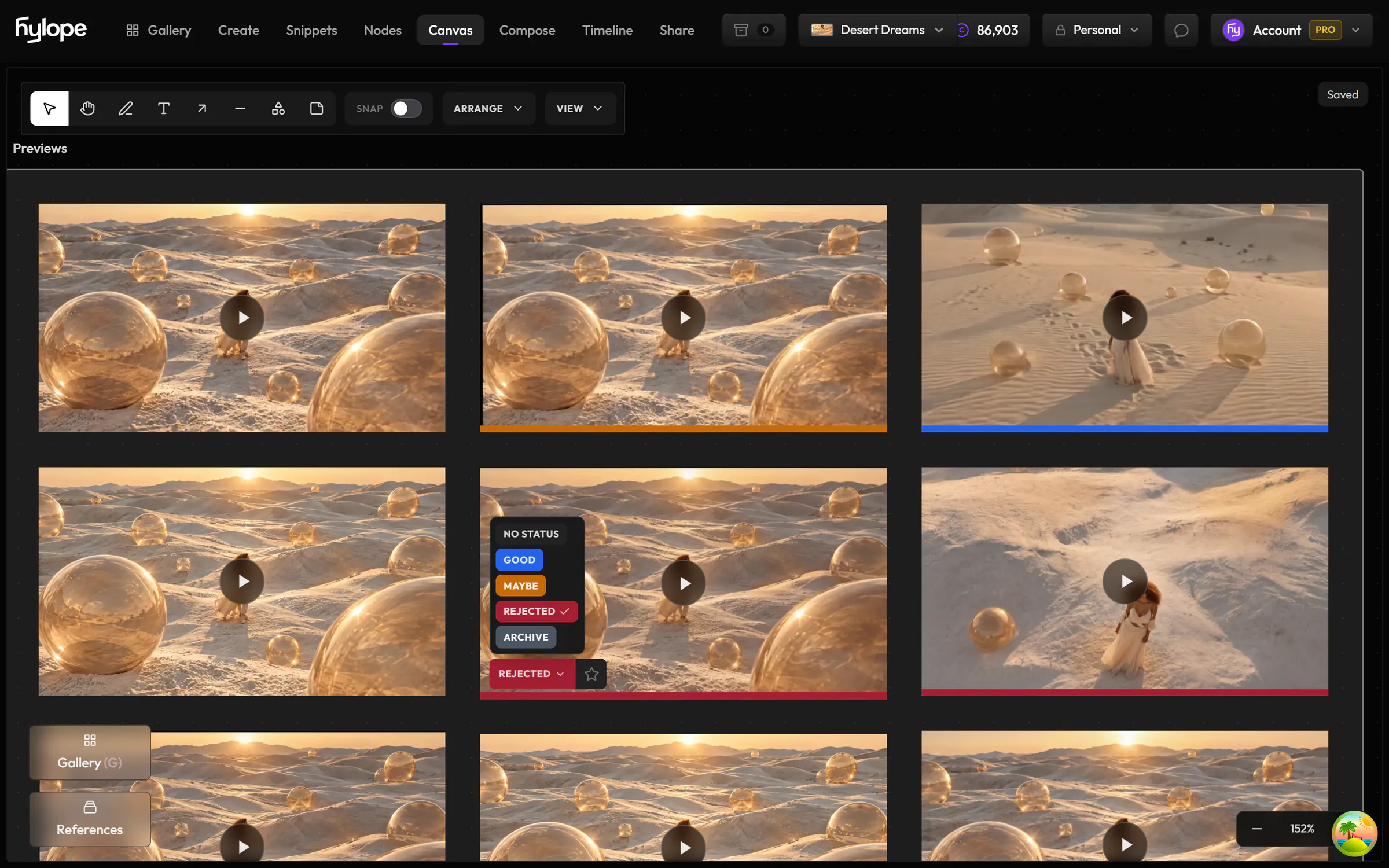 A section of video previews on the board, the status menu open on one of them, and a colored status bar under the others