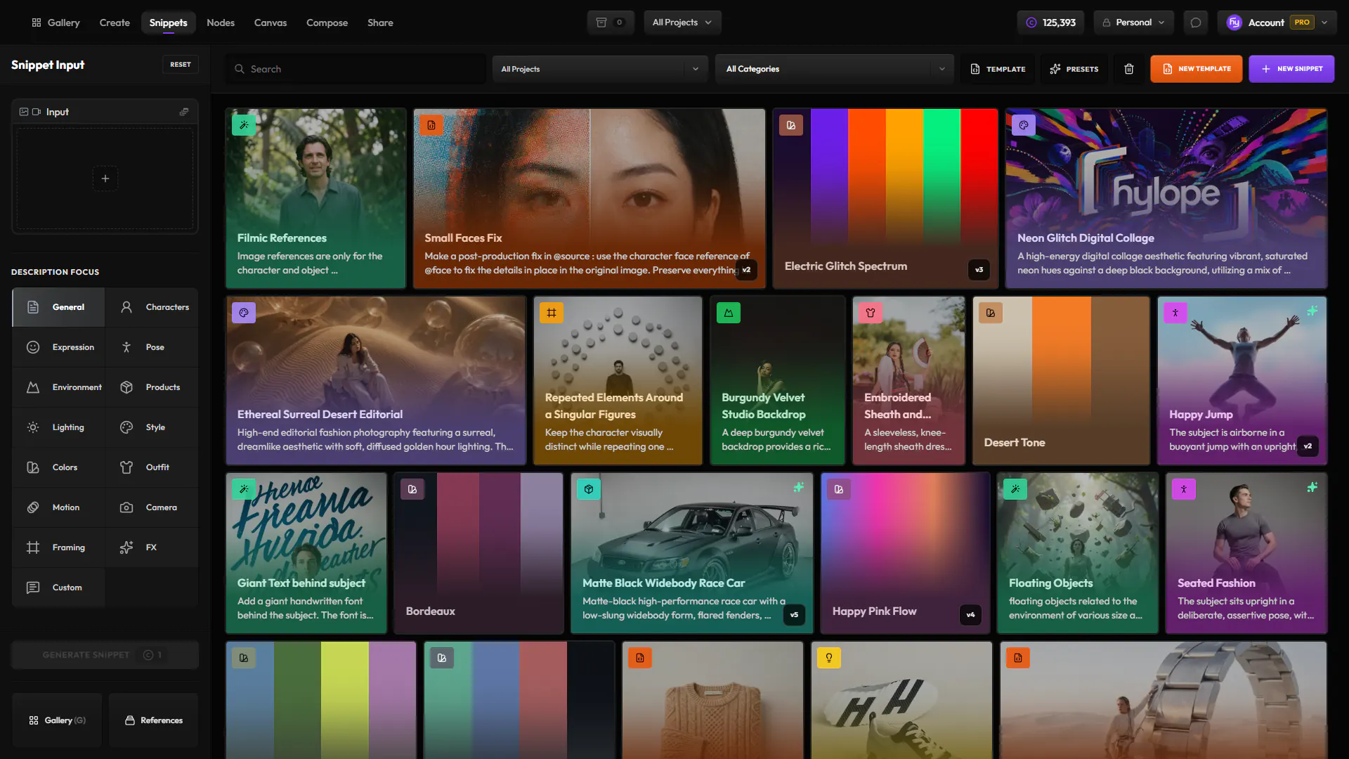 The Hylope Snippets app, showing a library of saved prompt fragments grouped by category