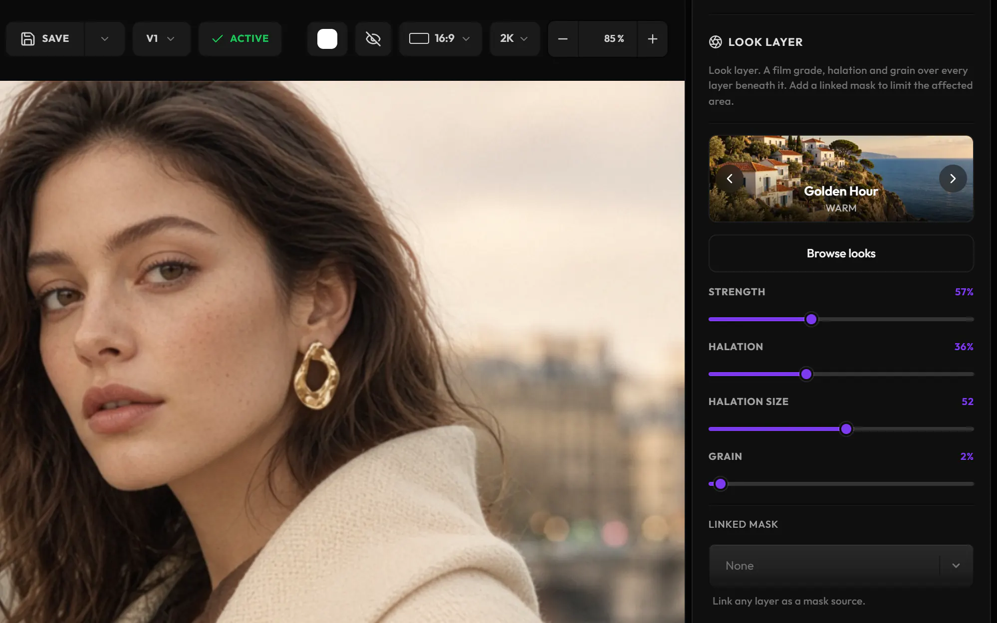 A Look layer with the Golden Hour look over a portrait, its strength, halation and grain beside it