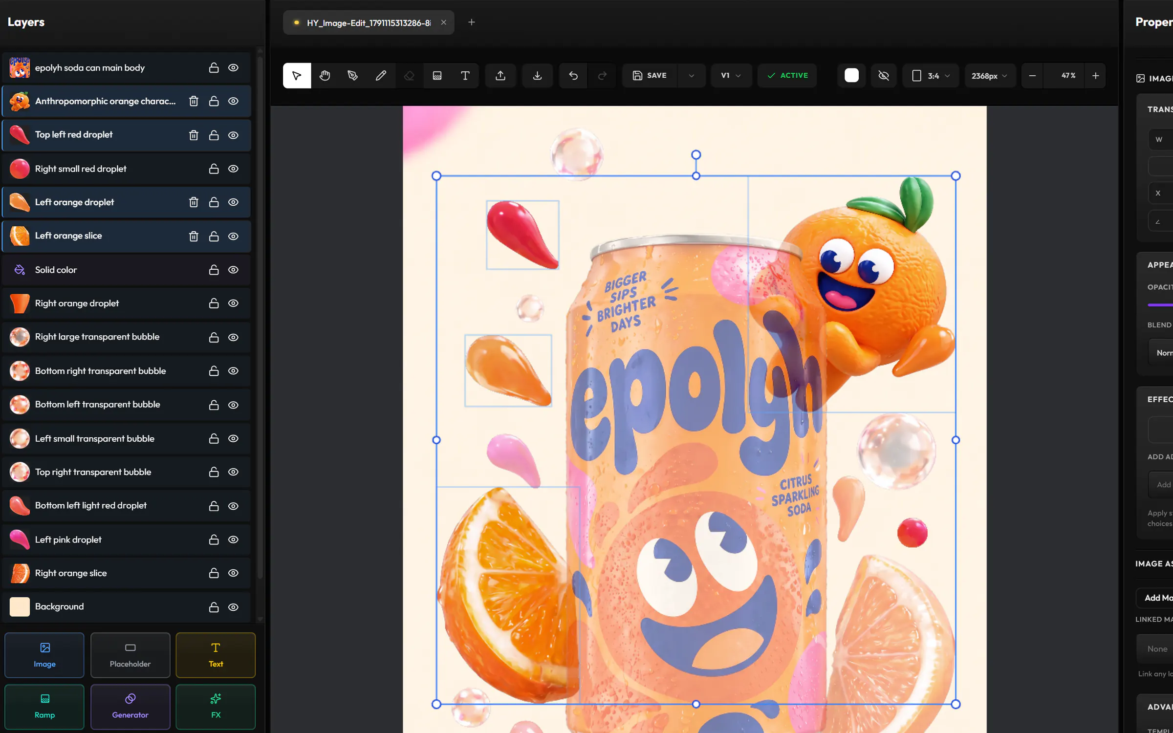 A soda can image split into its parts, each one its own named layer in the Layers panel