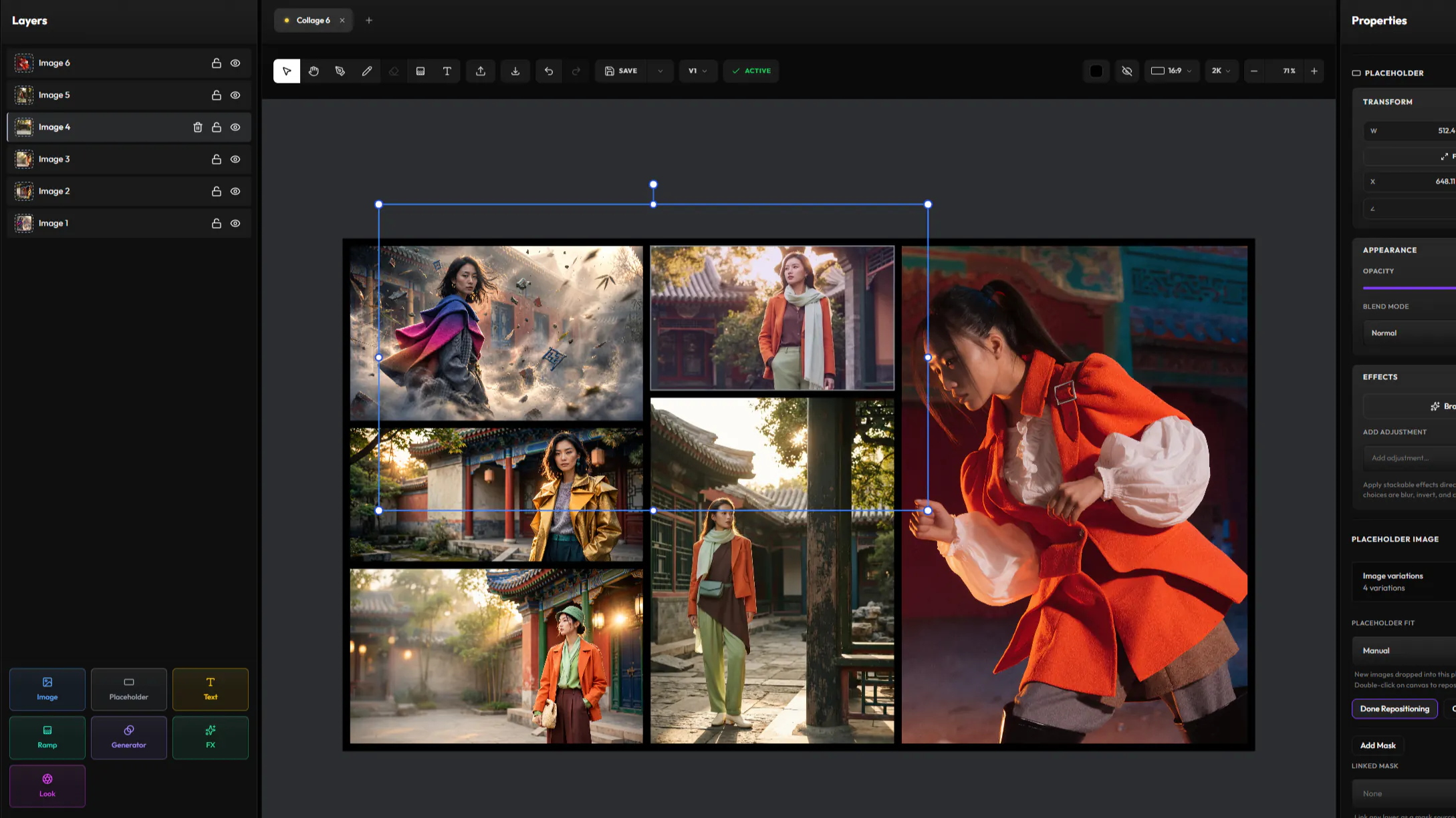 A collage of six images opened in Compose, one layer per image