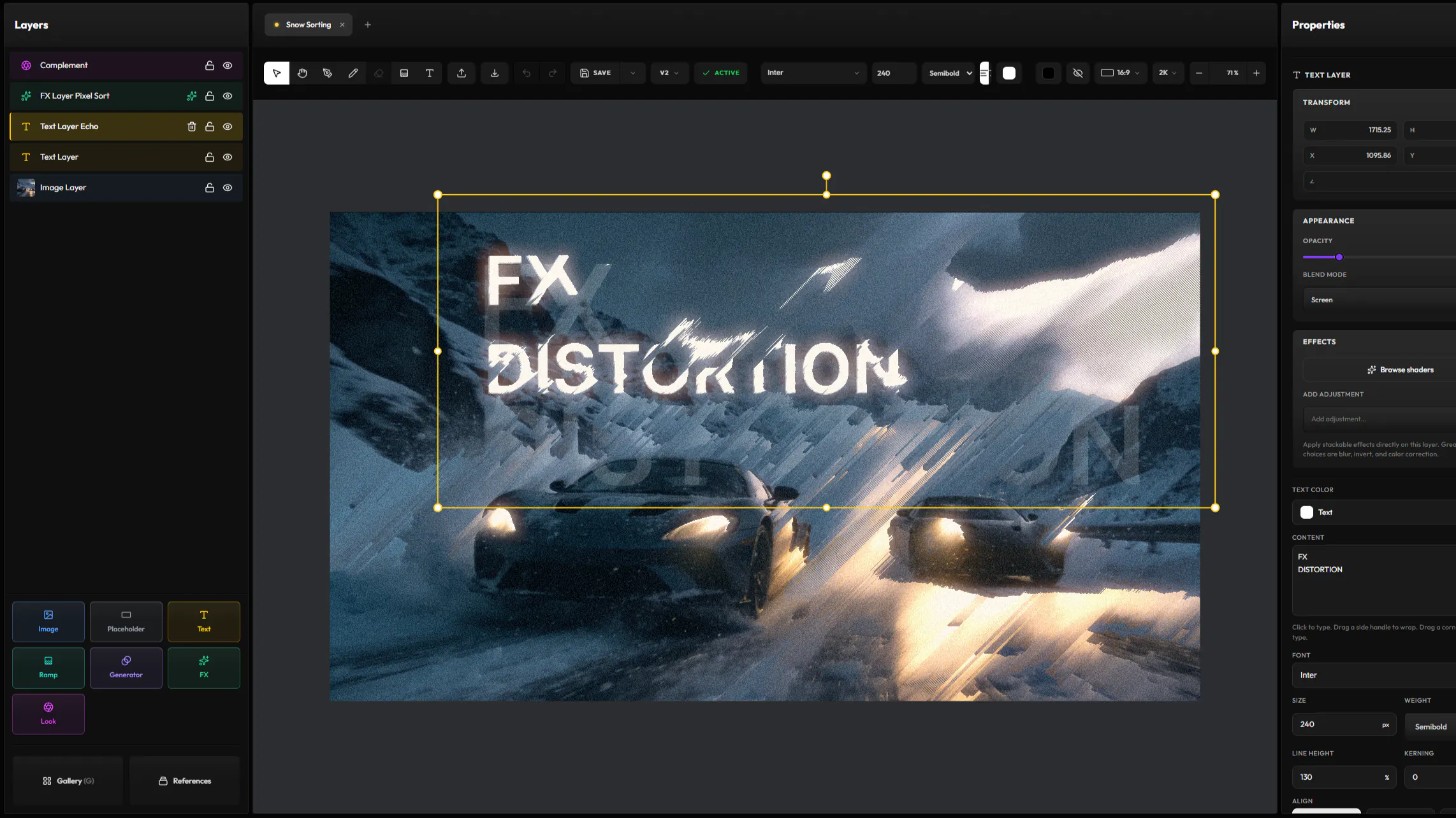 Two cars on a snowy mountain road under an image layer, two text layers, a Pixel Sort FX layer and a Complement look, the title FX Distortion selected on the canvas