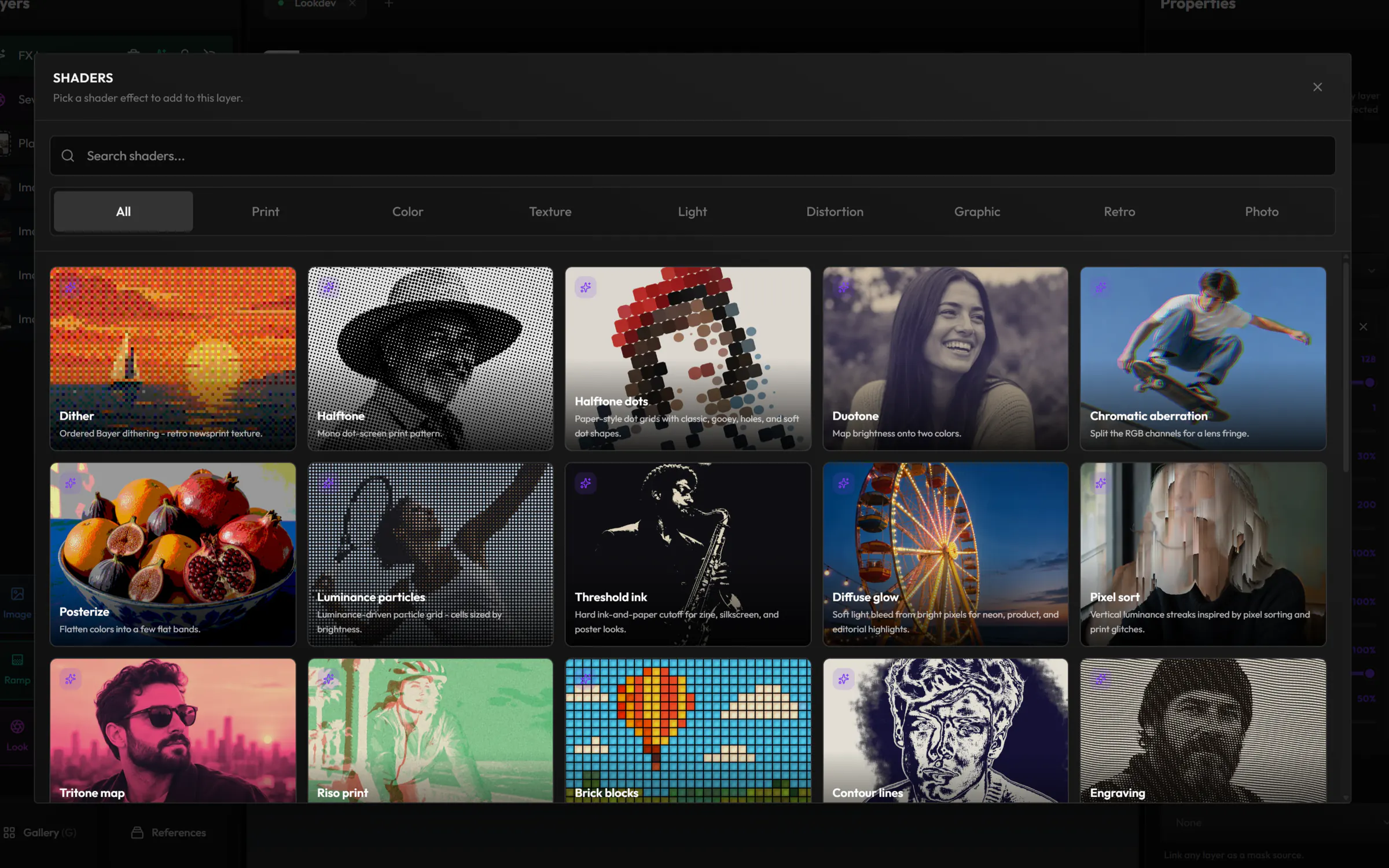 The shader picker, its effects sorted into Print, Color, Texture, Light, Distortion, Graphic, Retro and Photo