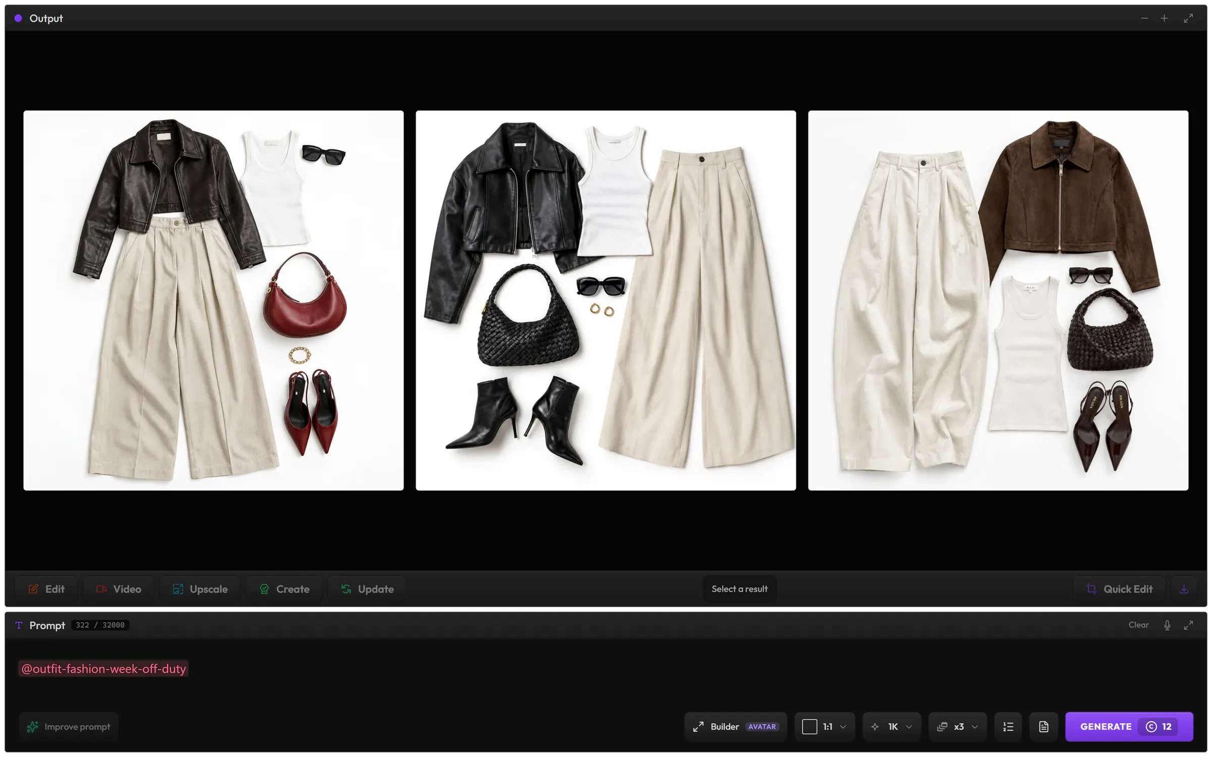 Outfit with the @outfit-fashion-week-off-duty snippet as the prompt, and three flat lays of a leather or suede jacket, a white tank top, cream wide trousers, a bag, sunglasses and heels
