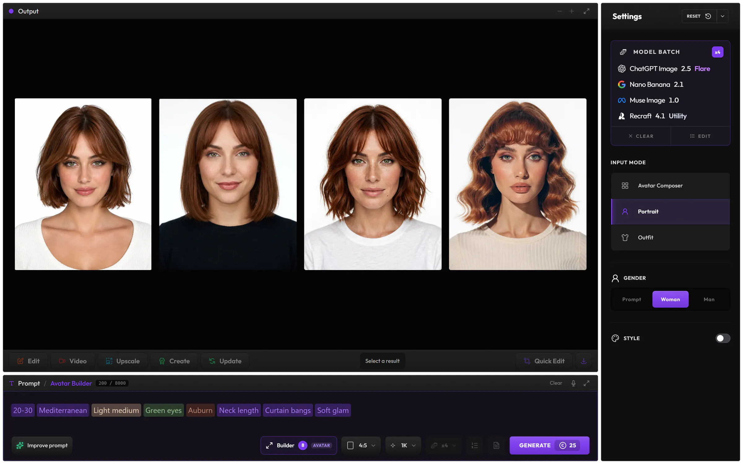 Portrait on four models at once: the Avatar Builder’s choices in the prompt (20-30, Mediterranean, light medium skin, green eyes, auburn, neck length, curtain bangs, soft glam), and four portraits of a woman with auburn hair and bangs
