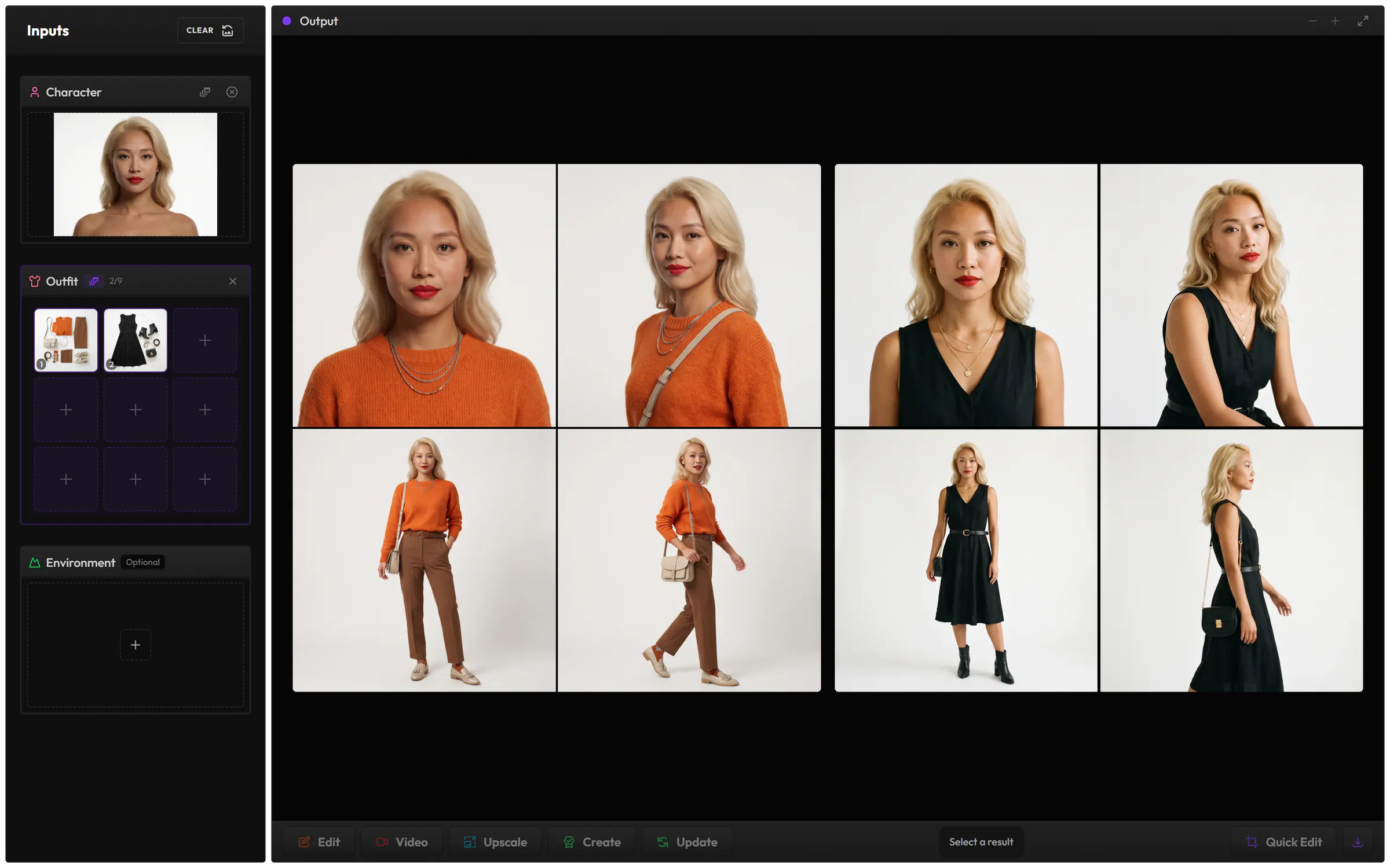Avatar Composer: a portrait of a blonde woman in Character and two outfit flat lays in Outfit, and a contact sheet of her in each outfit, from a close-up to a walk