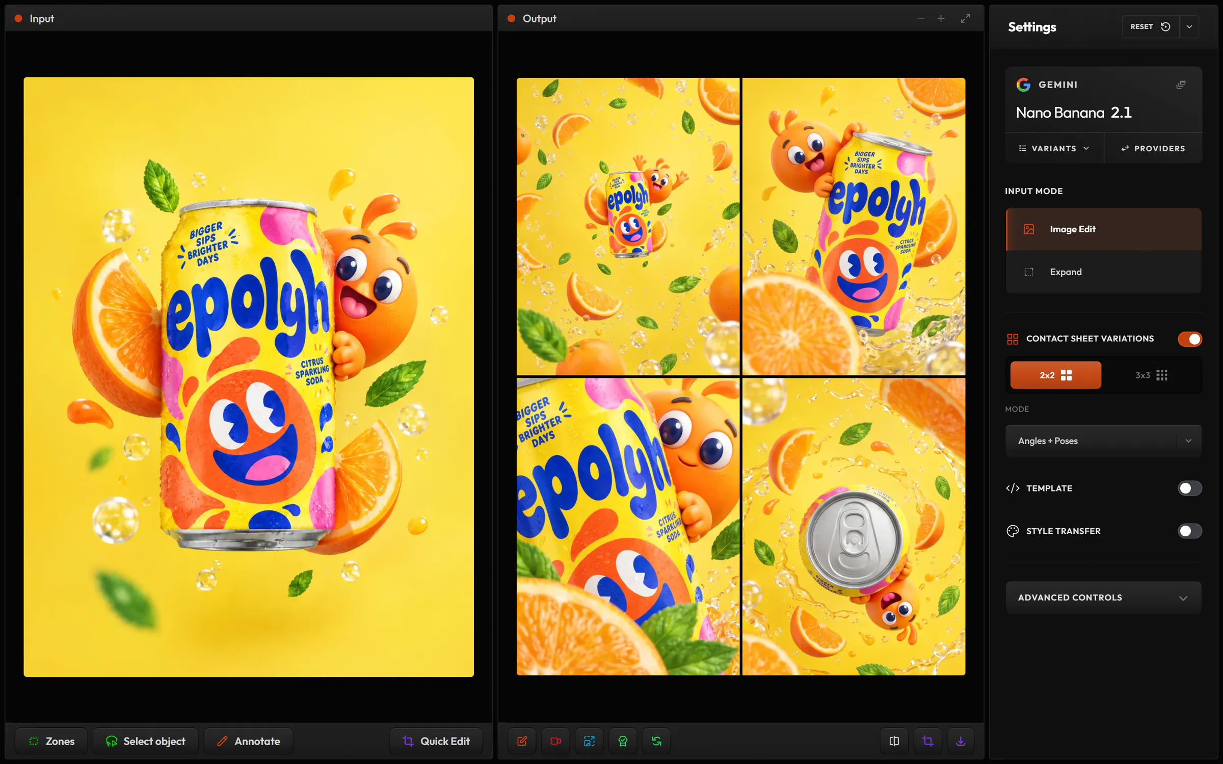 Contact Sheet Variations in Image Edit: a soda can with an orange mascot as the input, and four new angles and poses of it in a 2x2 sheet