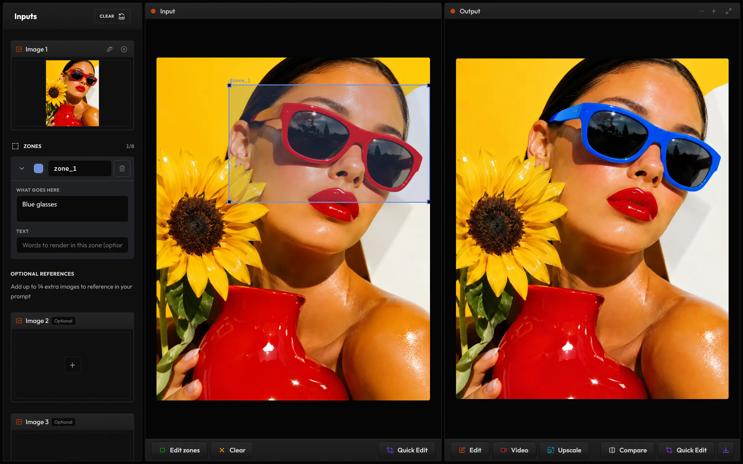 Zones in Image Edit: a zone drawn around a woman’s red sunglasses with Blue glasses as its content, and the result with blue sunglasses