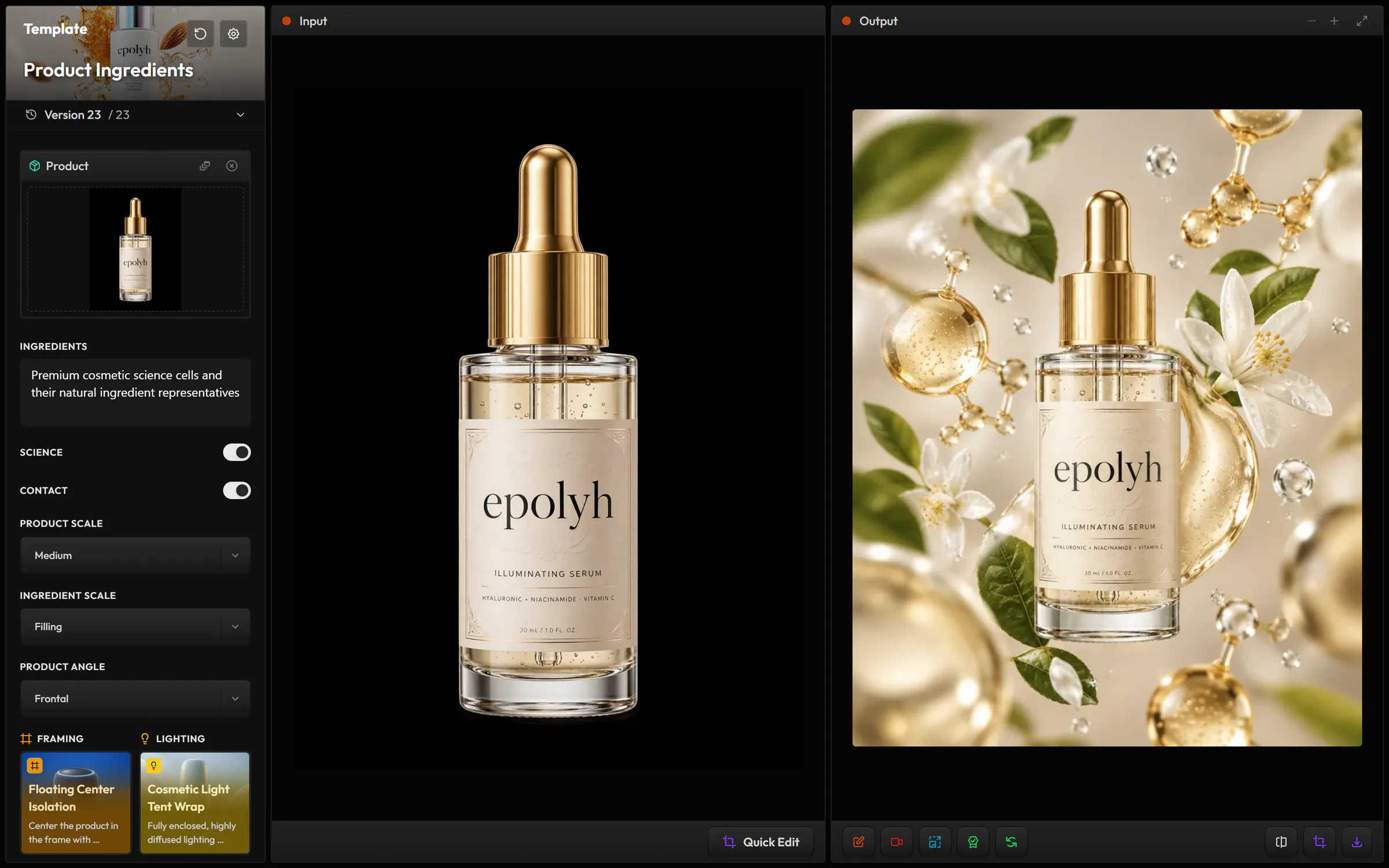 The Product Ingredients template in Image Edit: its fields filled in on the left, and the serum bottle it set among flowers, droplets and molecules