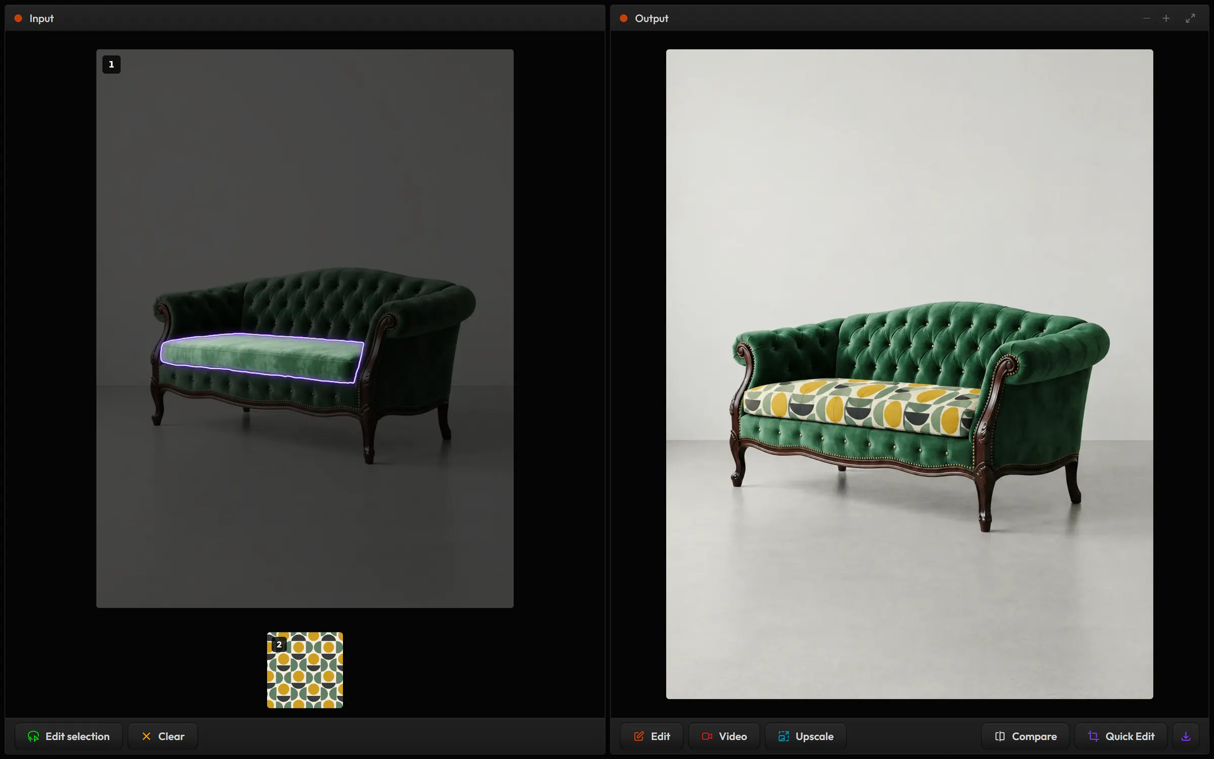 Select object in Image Edit: the seat cushion of a green velvet sofa selected, a patterned fabric as reference, and the sofa with the new cushion fabric