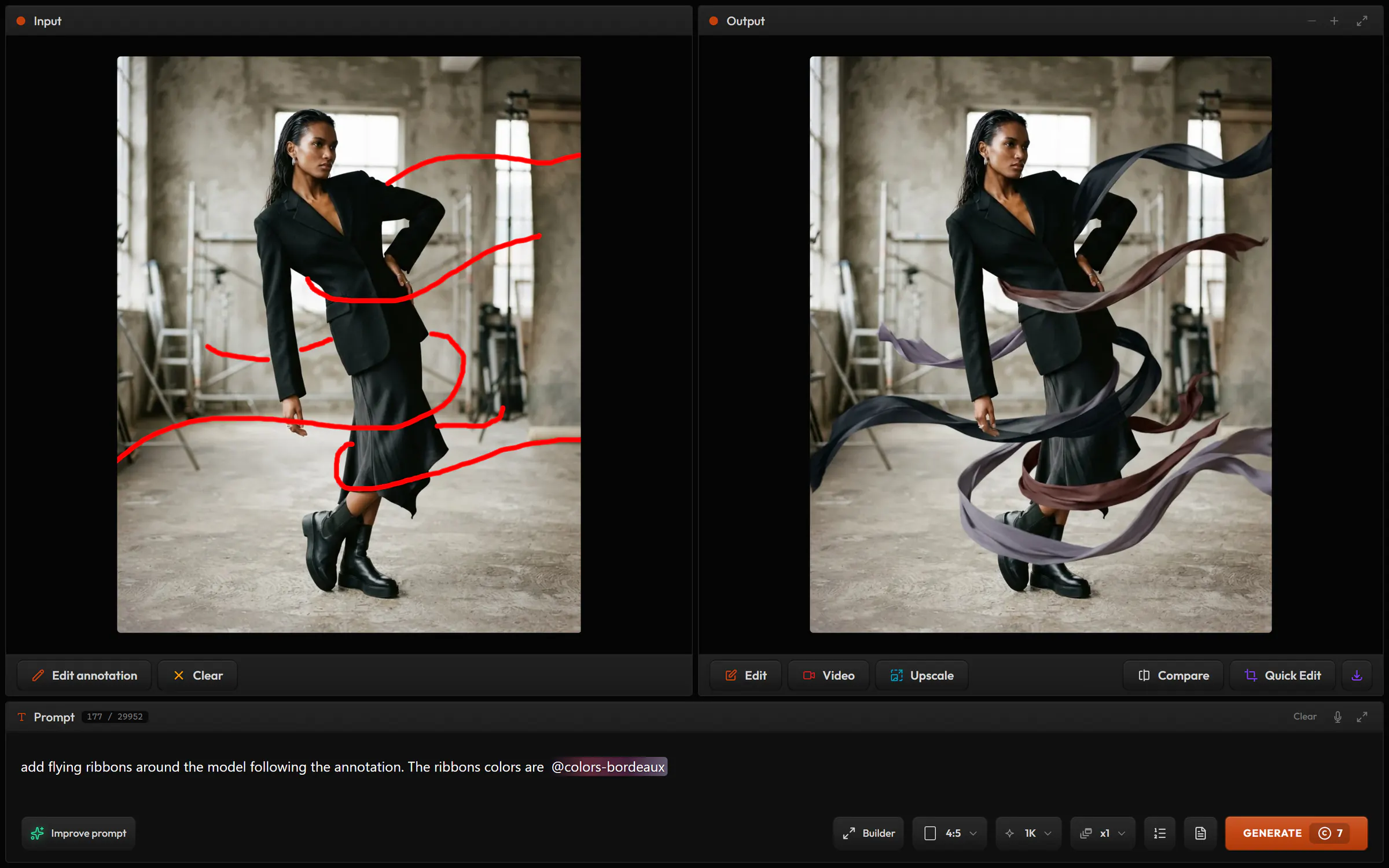 Annotate in Image Edit: red lines drawn around a model in a loft, and the result with dark ribbons flying along them