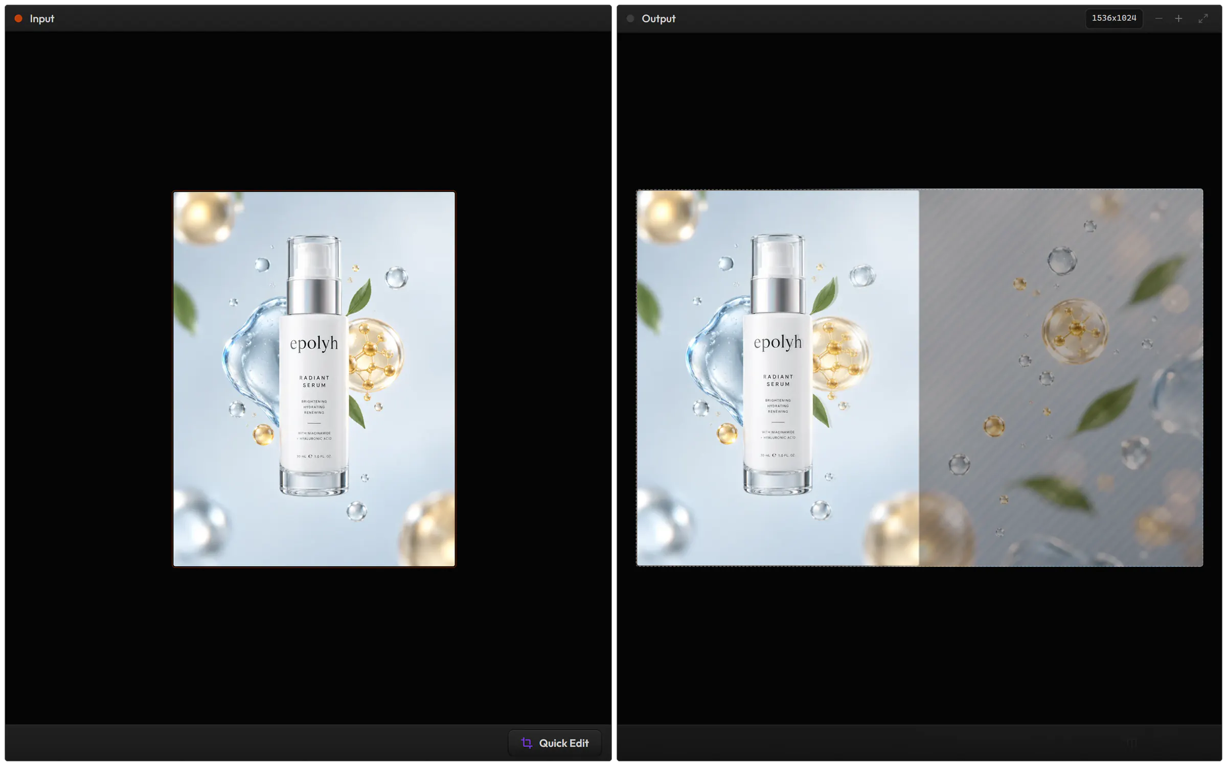 Expand in Image Edit: a portrait serum visual as the input, and the same image widened to a landscape frame, the new area painted in