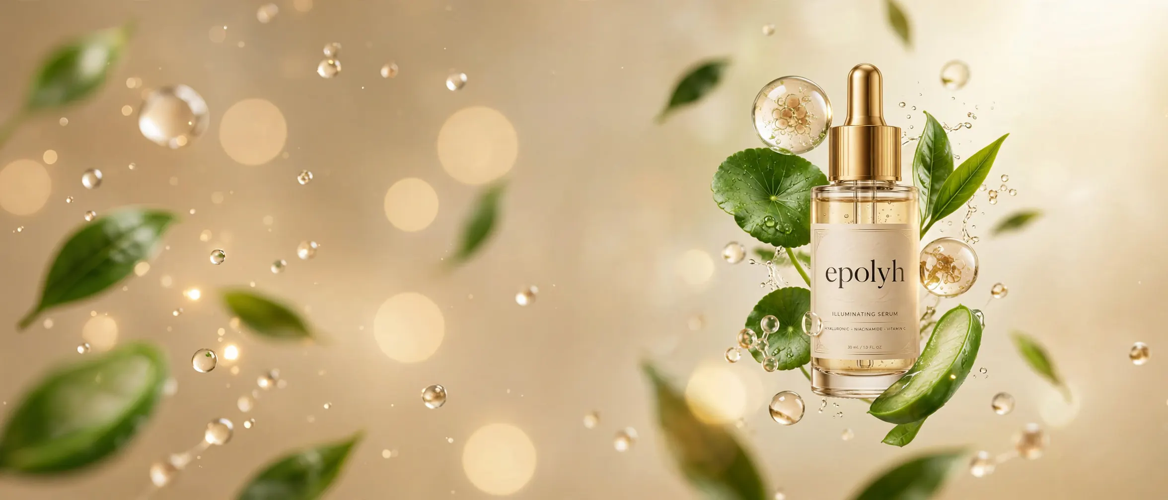 The image made from the three references: a serum bottle among green leaves, aloe slices, droplets and molecules on a golden background