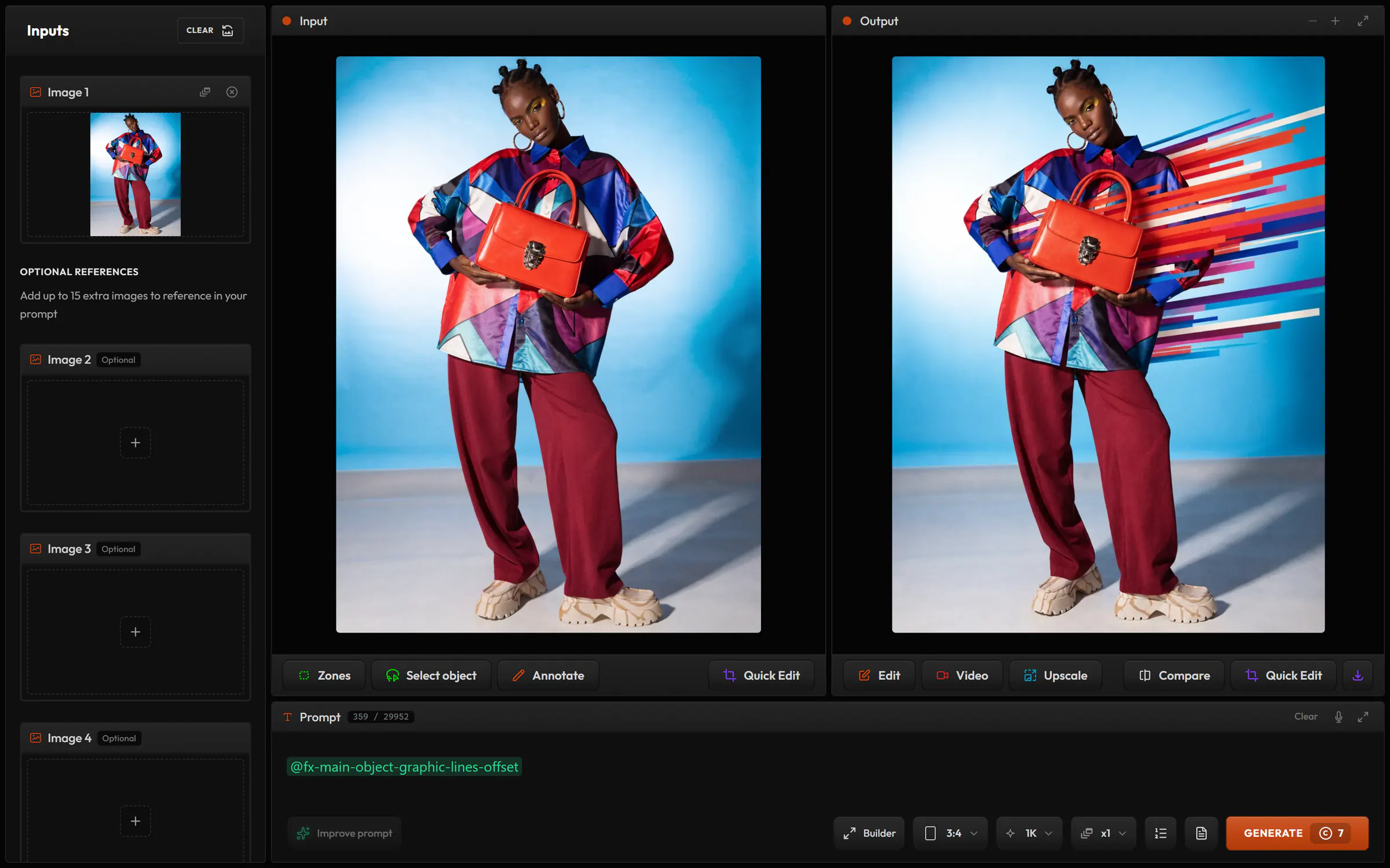 Edit in Image Edit: a woman holding an orange bag as Image 1, and the same photo with graphic speed lines added by an @fx snippet