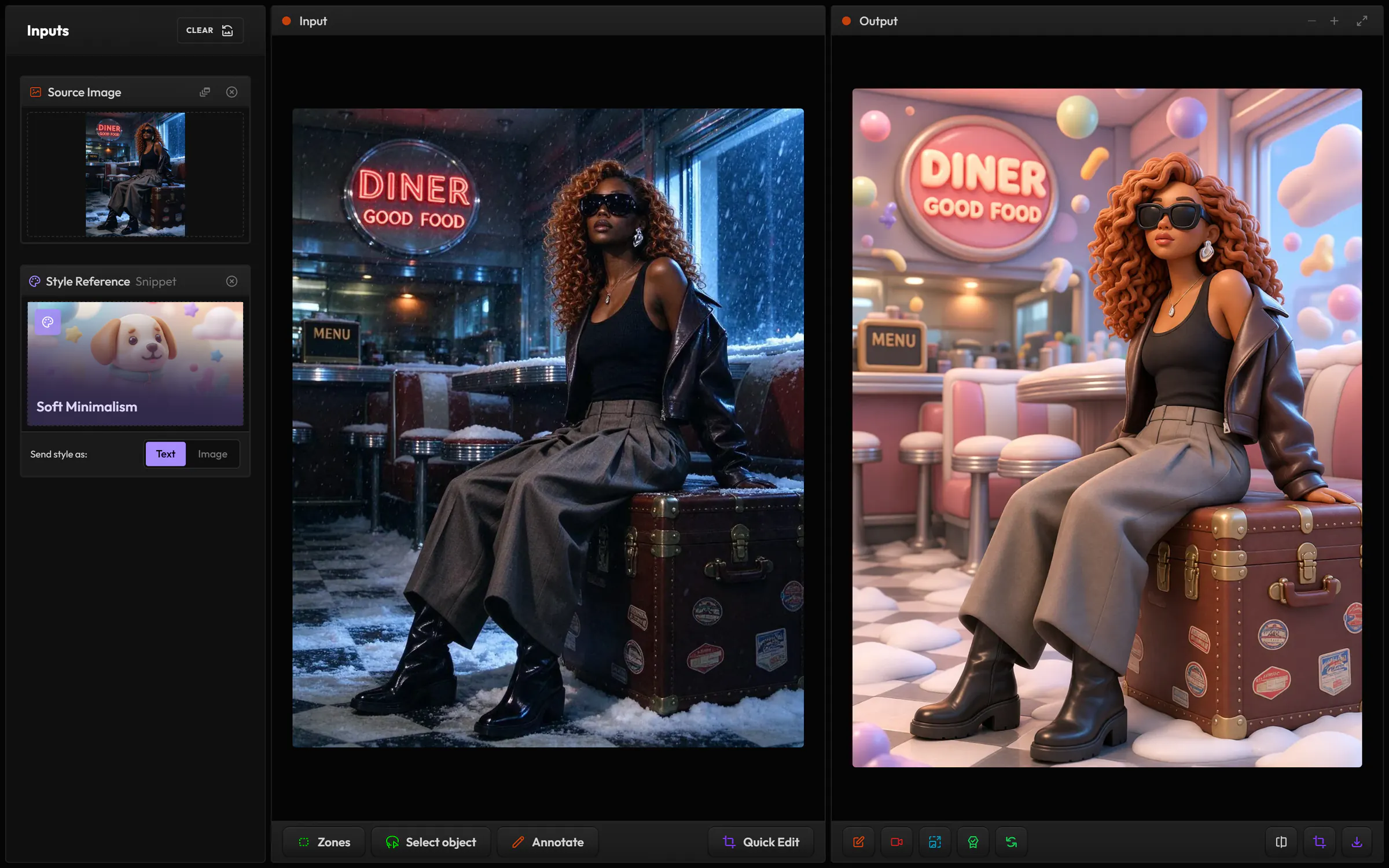 Style Transfer in Image Edit: a woman sitting on a trunk in a snowy diner, restyled with the Soft Minimalism preset into a soft 3D look