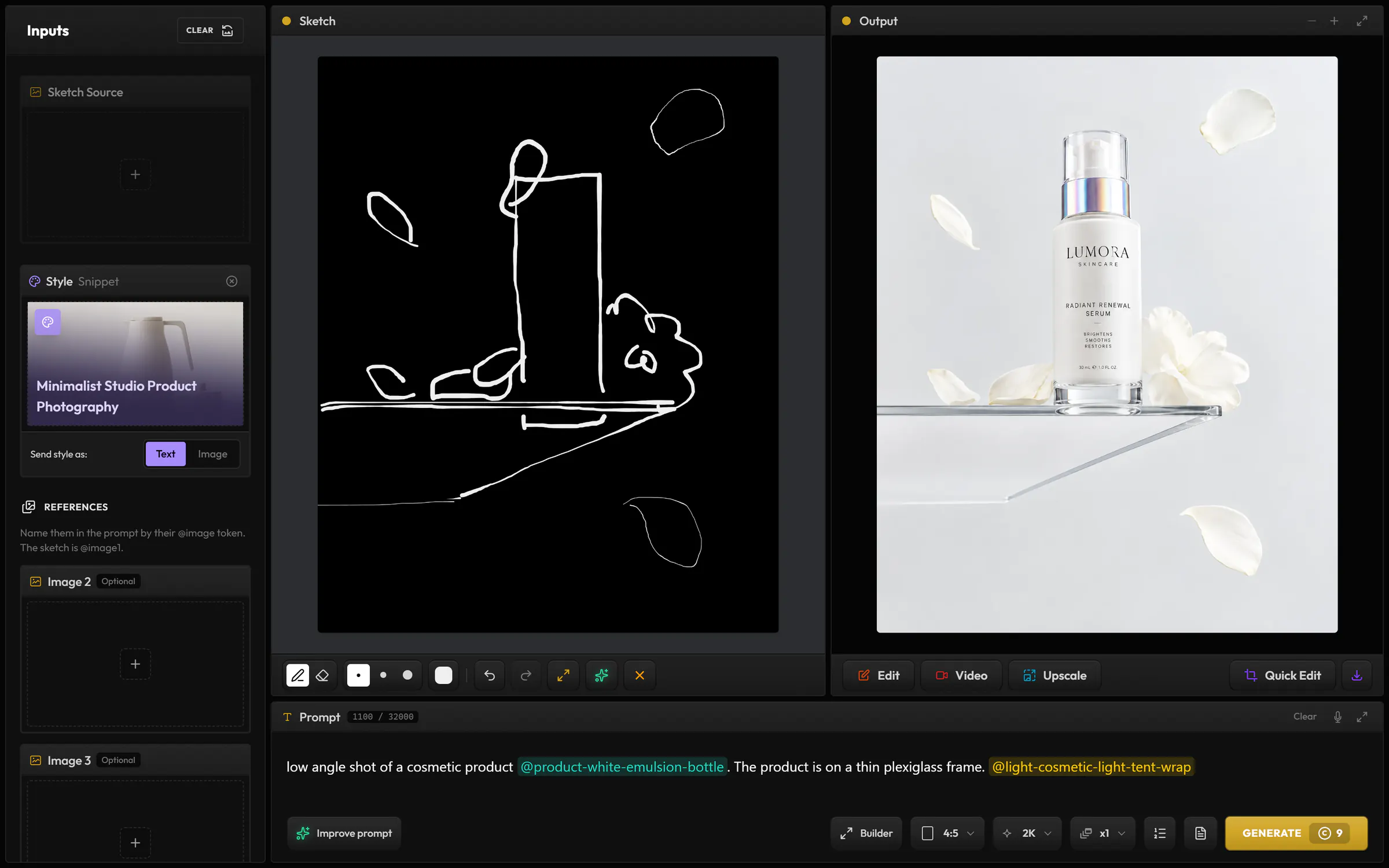 Sketch in Image: a rough line drawing of a bottle on a shelf among petals, the Minimalist Studio Photography style, and the image it made of a white serum bottle on a plexiglass shelf among white petals
