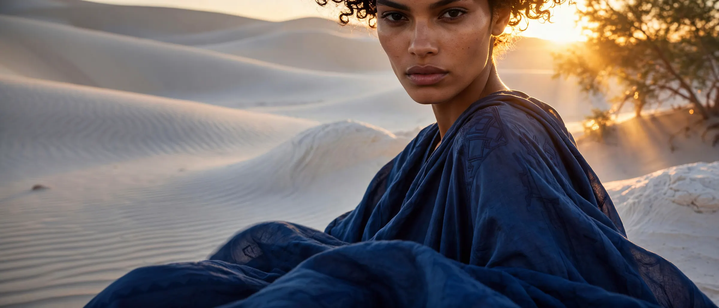 The image made with the builder’s snippets: a woman in a deep blue robe in white dunes, backlit by a golden-hour sun
