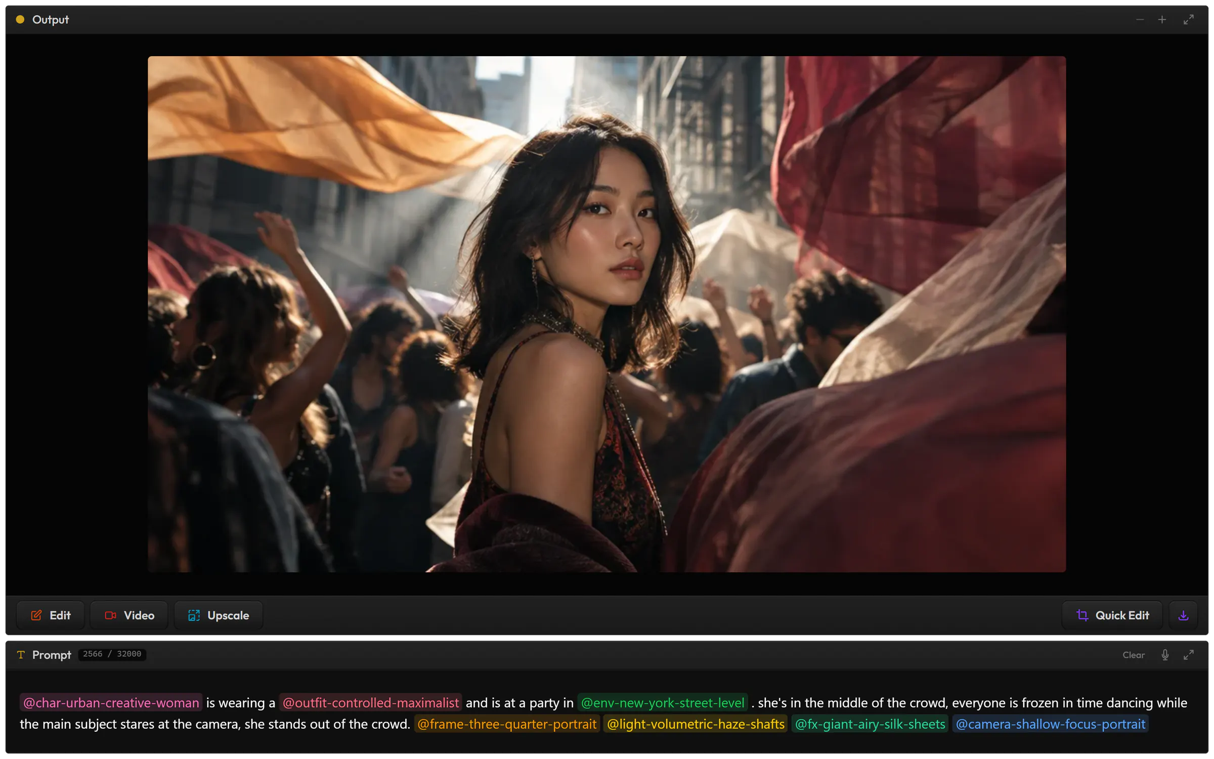Text to Image in Hylope: a prompt made of colour-coded snippet tags, and the image it generated of a woman in a crowd, sheets of silk blowing around her