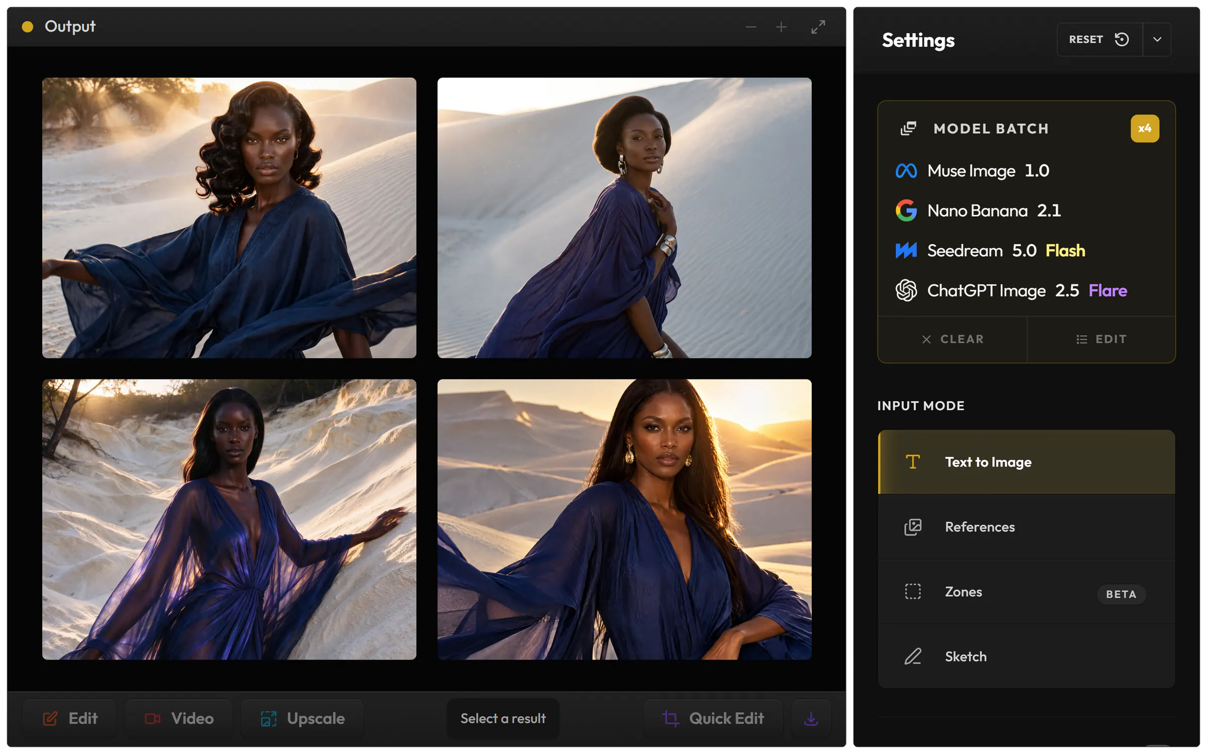 Model Batch in Image: one prompt run on Muse Image 1.0, Nano Banana 2.1, Seedream 5.0 Flash and ChatGPT Image 2.5, and their four portraits of a woman in a flowing blue dress on white dunes
