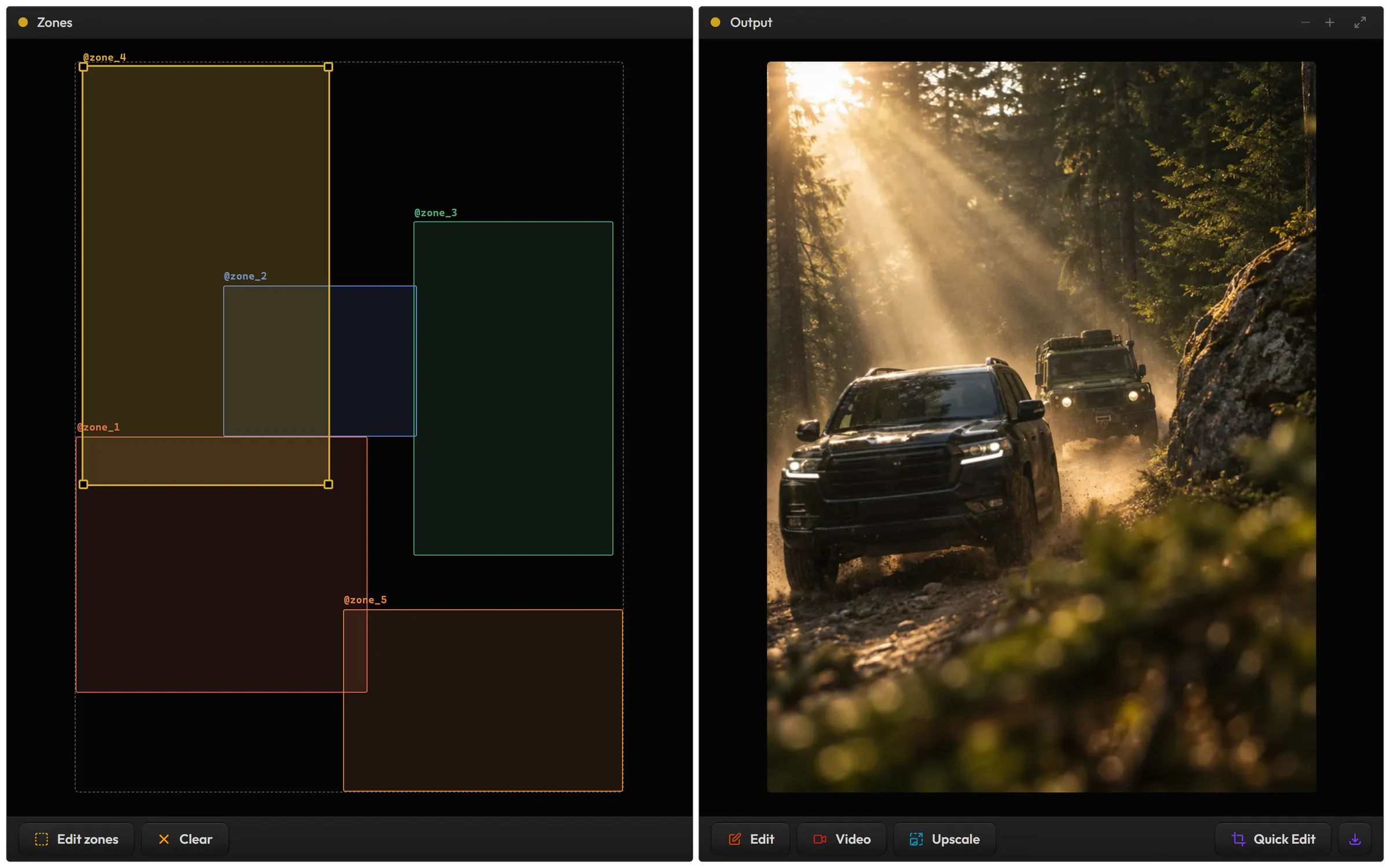 Zones in Image: five named zones drawn on the frame, and the image they laid out of two off-road cars on a forest track
