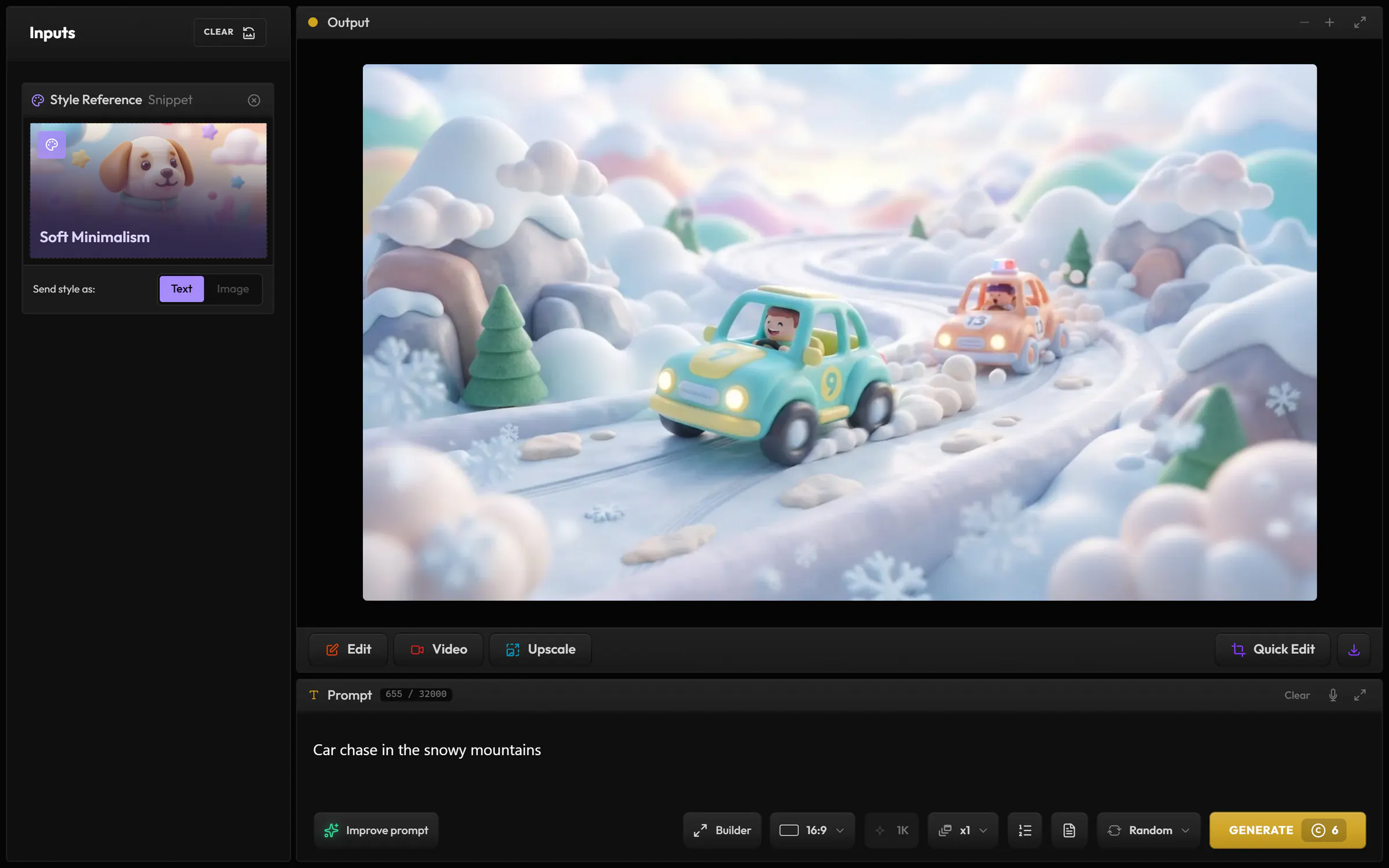 Style in Image: the Soft Minimalism preset as the style, the prompt Car chase in the snowy mountains, and the image in a soft 3D look of two toy cars racing on a snowy track